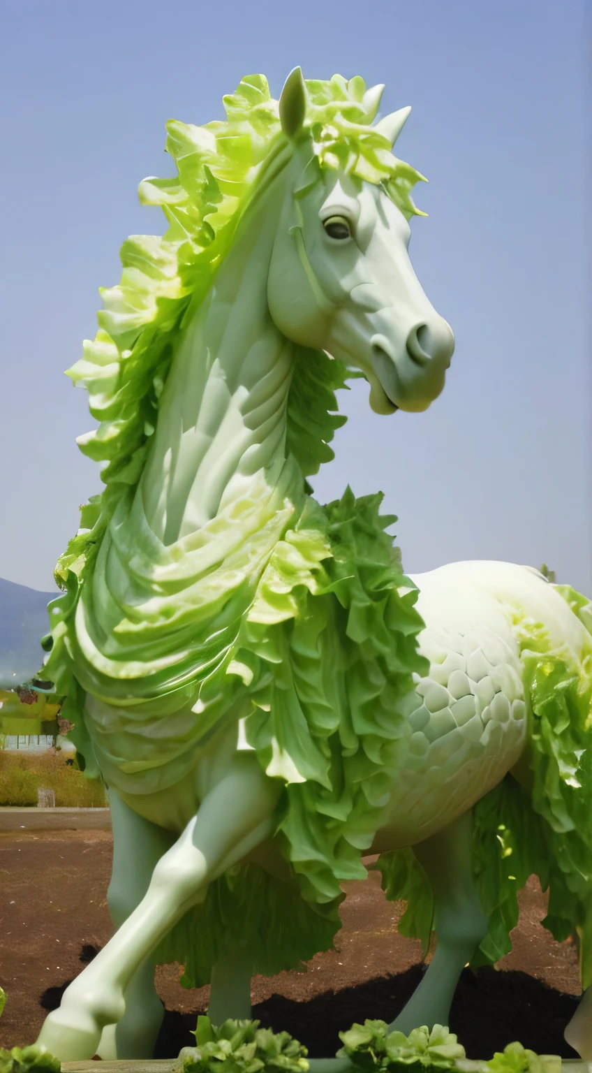 Close-up of horse statue made of lettuce, lettuce, Salad, Giant sculpture, green mane, anthropomorphic horse, author：Ron S, highly detailed sculpture, baroque vaporwave statue, very very surreal, funny sculpture, Escultura!!, made out of plastic, award winning sculpture, great likeness, Masterpiece!!, made of food, Masterpiece!