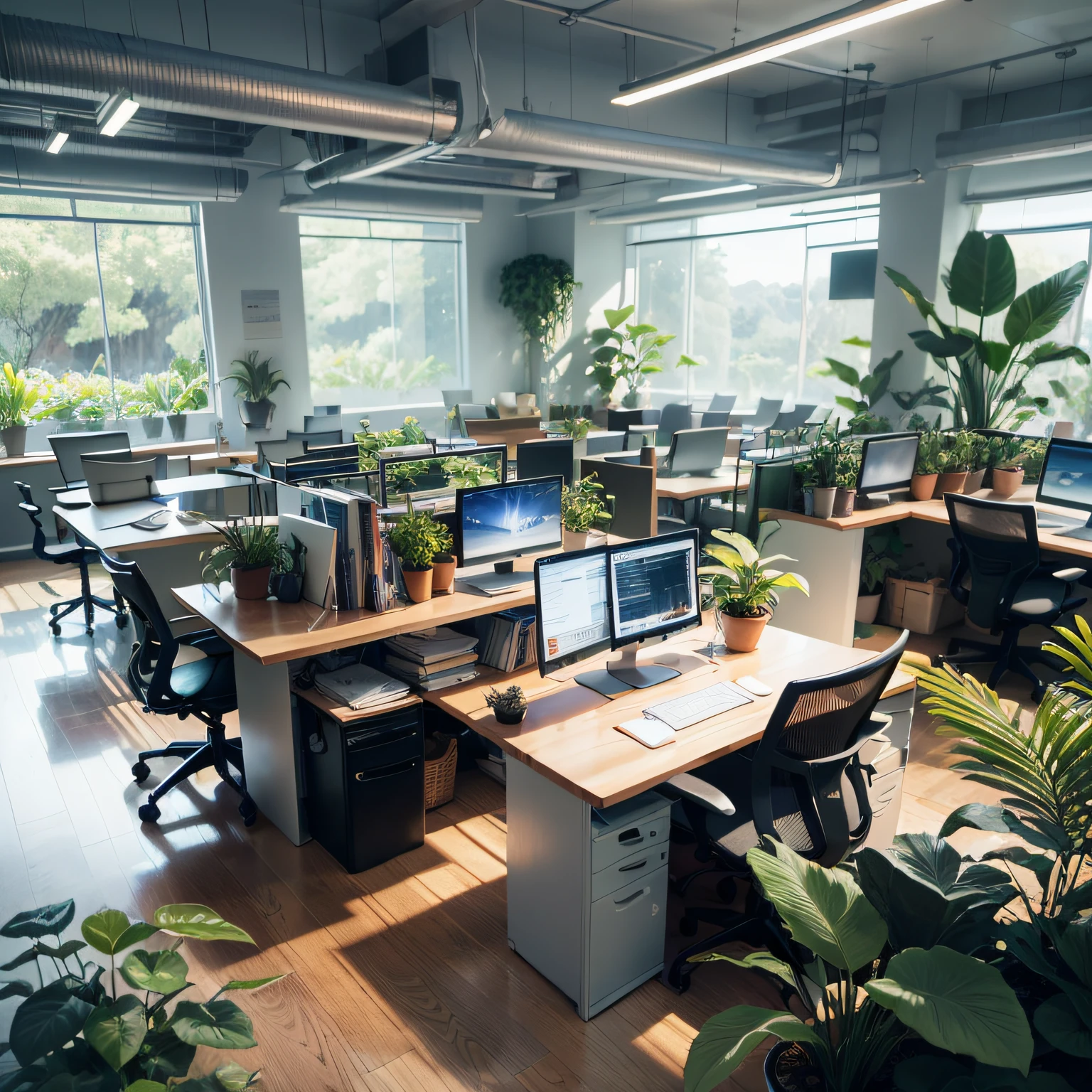 A bustling open-space office designed to harmonize productivity and natural elements. The large room is dotted with several table islands, Each equipped with sleek computers and high-resolution screens, onde as equipes colaboram perfeitamente. Em meio ao burburinho produtivo, An abundance of vibrant flowers and verdant plants are carefully placed, infusing the space with a refreshing touch of nature. Delicate orchids and cascading vines add a touch of color to workstations, while strategically placed aquariums with graceful fish create a sense of tranquility and wonder. Ample natural light floods through the large windows, casting a soft glow over the meticulously arranged tables. Entretanto, Carefully positioned adjustable luminaires ensure an ideal working environment, providing optimal lighting for focused tasks. Esta mistura meticulosamente selecionada de funcionalidade, beleza natural, e tecnologia de ponta cria uma atmosfera inspiradora e revigorante, promover a produtividade e o bem-estar.   com o nome Rc.ofertas