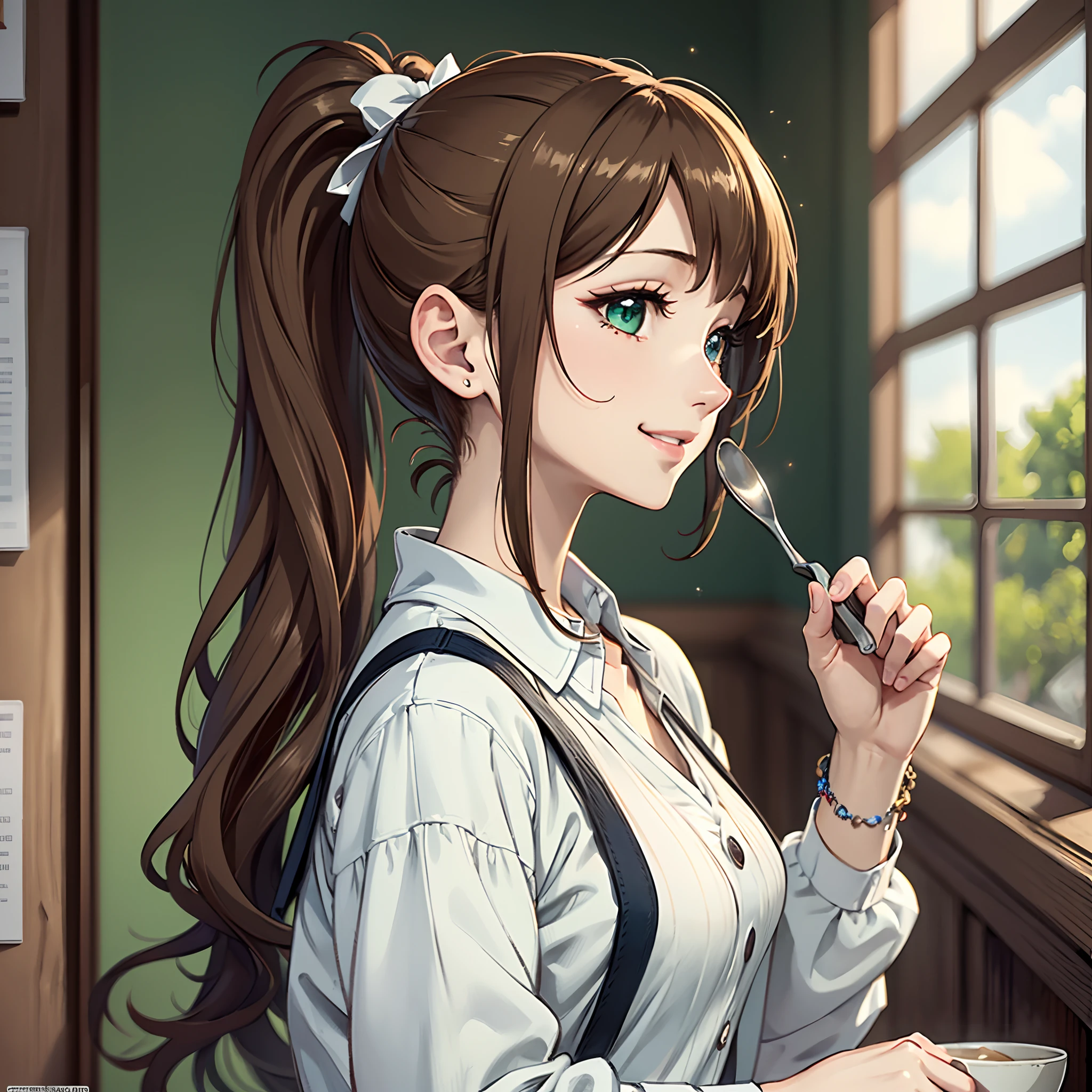(Anime Pictures、top-quality)、masterpiece、extremely delicate and beautiful、A highly detailed、nffsw、Unity、2k wallpaper、astonishing、finely detail、Highly detailed ticker Unity 8k wallpaper、ultra-detailliert、hight resolution、absurderes、1girl in、Photo from head to waist、Diagonally to the right、is standing、Soft light、((Brown hair long ponytail))、a beautiful detailed girl、Detailed finger、Beautiful profile、beautiful detailed nose、beatiful detailed eyes、long eyeslashes、cute little、20yr old、(full body Esbian:1.3)、Lifelike face、(A smile、closes mouth) 、White cardigan、Green Knitwear、Cafe clerk's apron