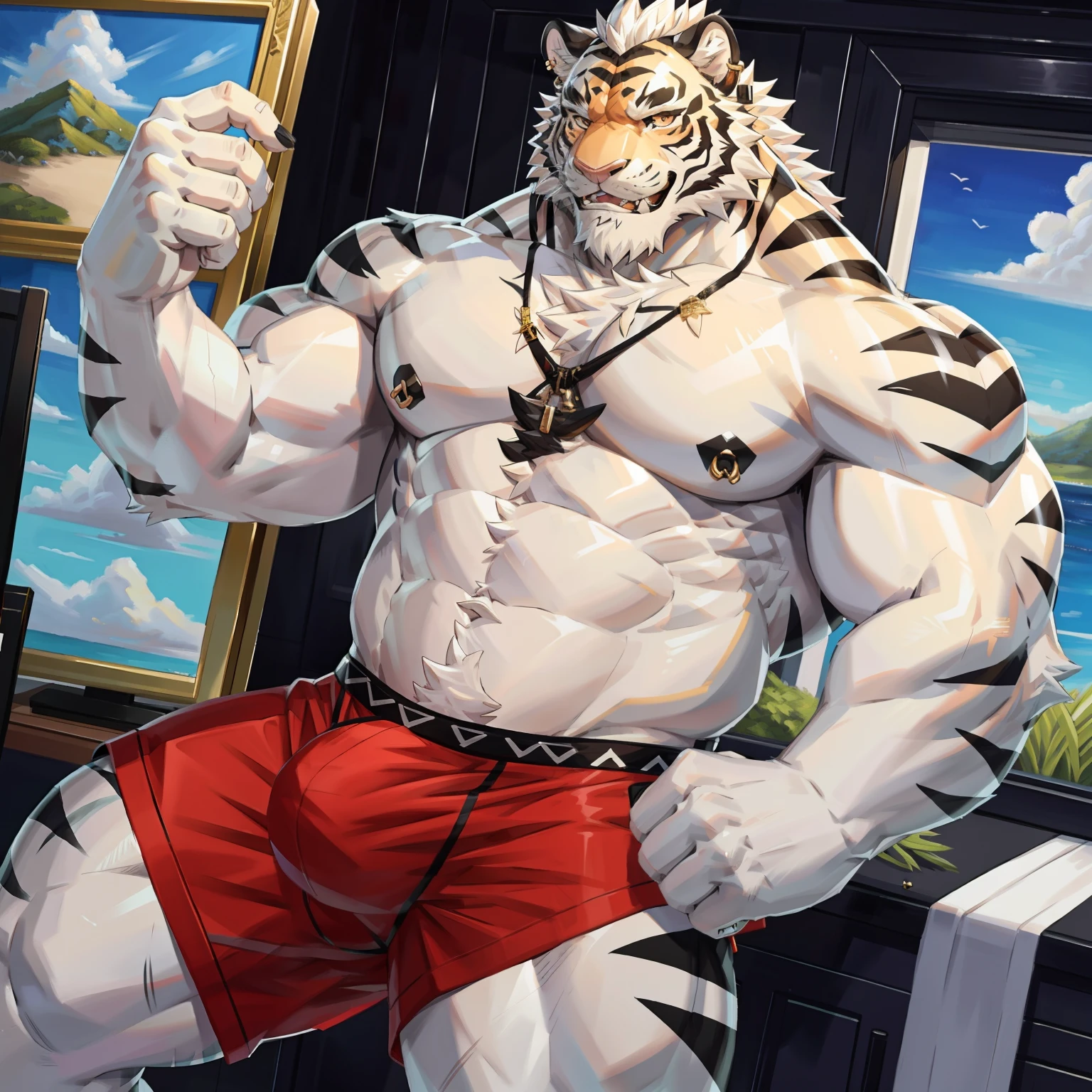 (Morning), 1 White Tiger, 独奏, looking at viewert, 夏天, ssmile,Muscle men,sbeard,Middle Age,pantiess,quality,full-color,extremy detailed,stud earring,Nipple Ring,close-up all over the body,Exquisite painting style,Bulge,detailed crotch