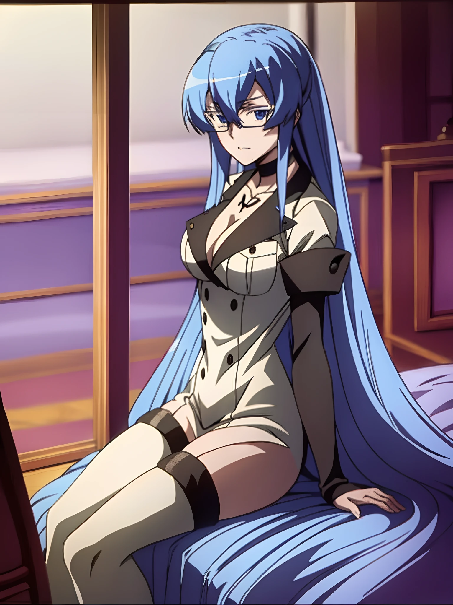 Anime girl with blue hair and glasses sitting on a bed, anime sedutora, 2 d anime, female action anime girl, cel anime sombreado, personagem de anime feminino, mulher bonita sedutora do anime, pose, escamas azuis cobrindo seu peito, kantai collection style, garota de anime desonestos ayanami rei, Tensei Shitara Slime Datta Ken, badass anime 8 k