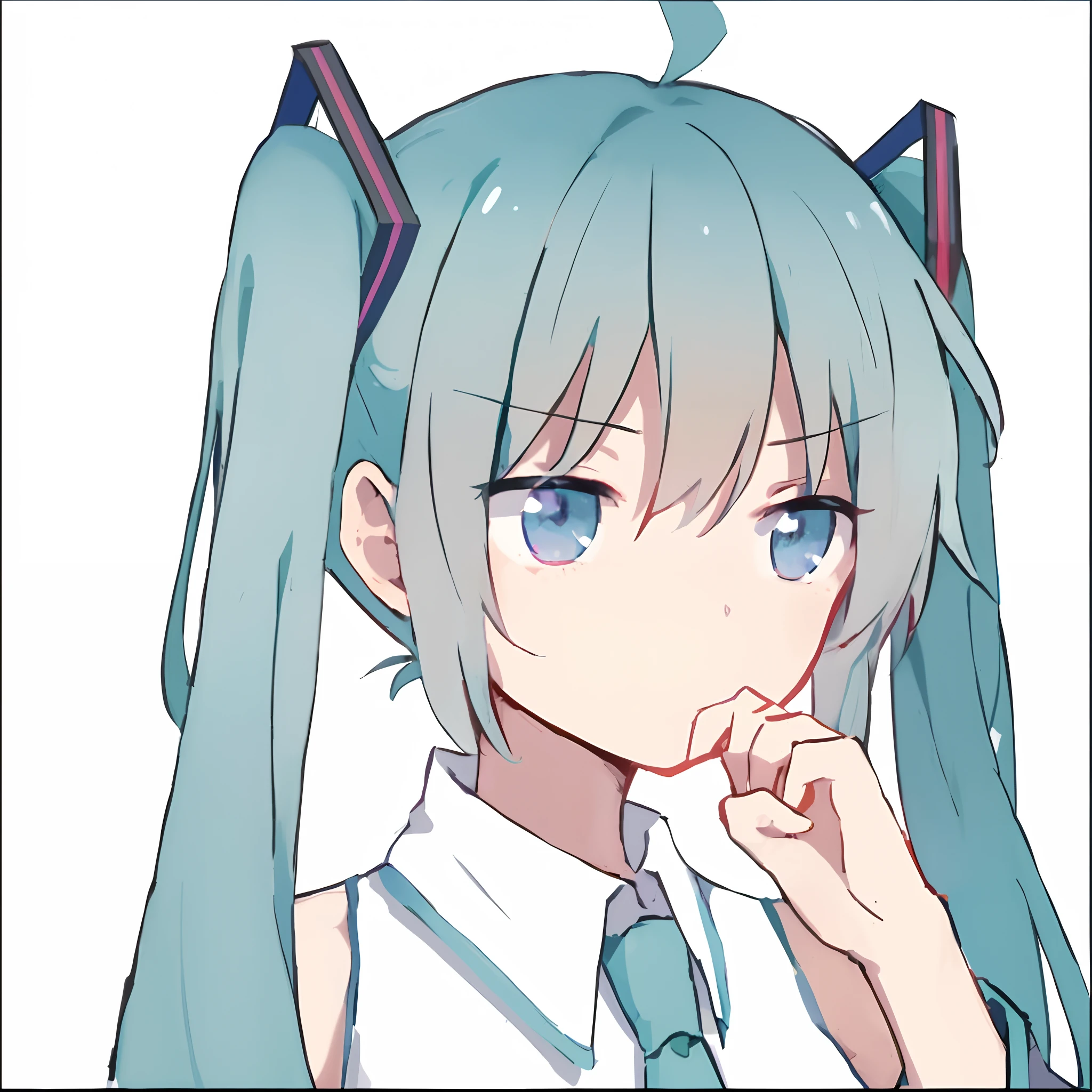 anime girl with blue hair and blue eyes wearing a white shirt, mikudayo, anime moe art style, hatsune miku portrait, hatsune miku face, Portrait of Hatsune Miku, Hatsune Miku, Os amigos, with index finger, Hatsune Miku short hair, Anime girl with teal hair, double tails, ahegao face, vocaloid