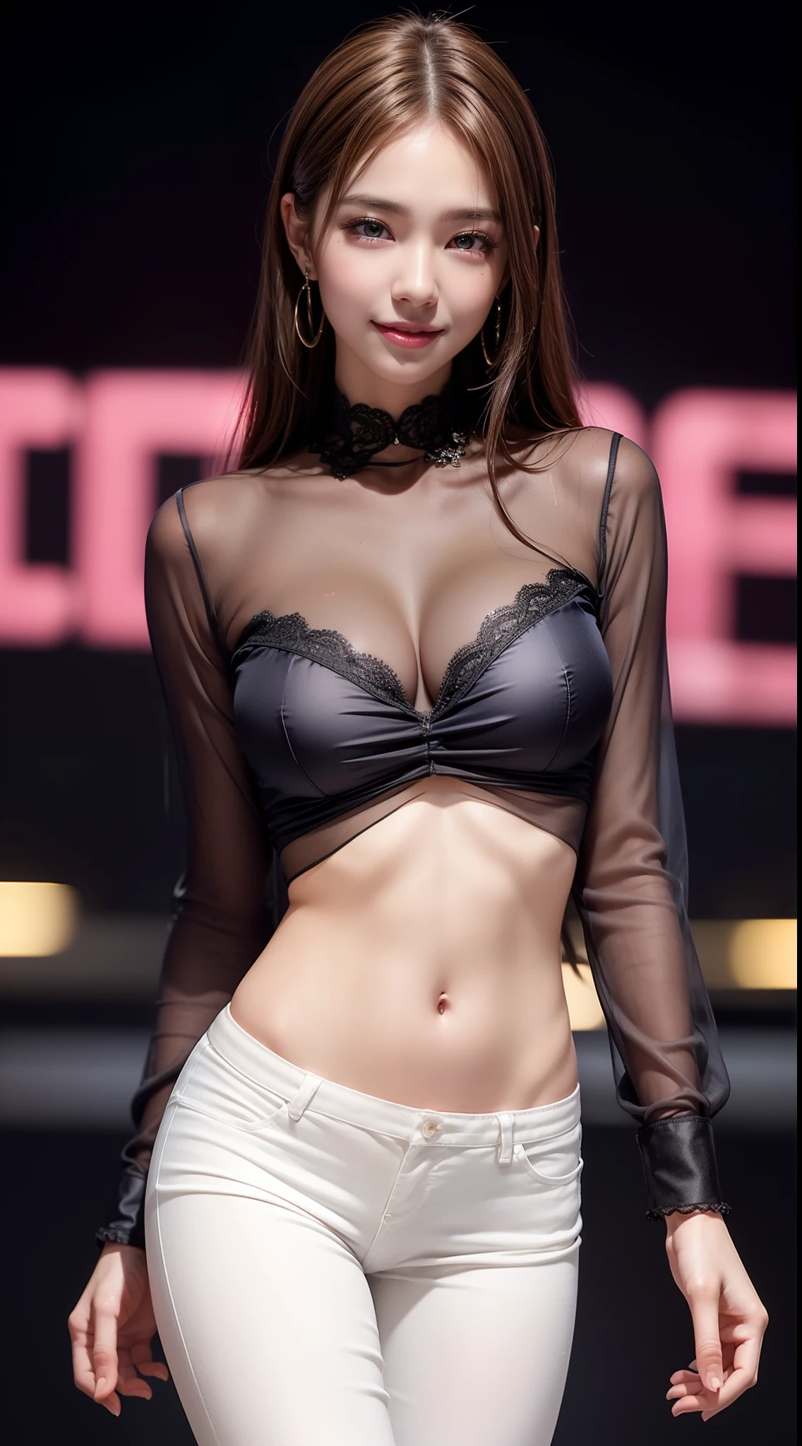8k, masterpiece, RAW photo, best quality, photorealistic, extremely detailed CG unity 8k wallpaper, Depth of field, Cinematic Light, Lens Flare, Ray tracing, (extremely beautiful face, beautiful lips, beautiful eyes), intricate detail face, ((ultra detailed skin)) 1girl, in the dark, deep shadow, pretty korean girl, kpop idol, 1 girl, (very slim slender fit-muscled body:1.3), ((looking at viewer)),(big smile:1.3), (tight pink pants), (laced mini pants), (midnight, dark night, (neon sign), (blurred background), dim light), (without people in the background:1.3), beautiful earrings, bracelets, necklace, pantyhose, clear eyes, walking , front shot, (pale skin), (big eyes), face forward, (full body shot), ((silk shirt)), (brown hairs), open navel, (looking at viewer:1.3) very slim, medium breasts, medium butt, see through