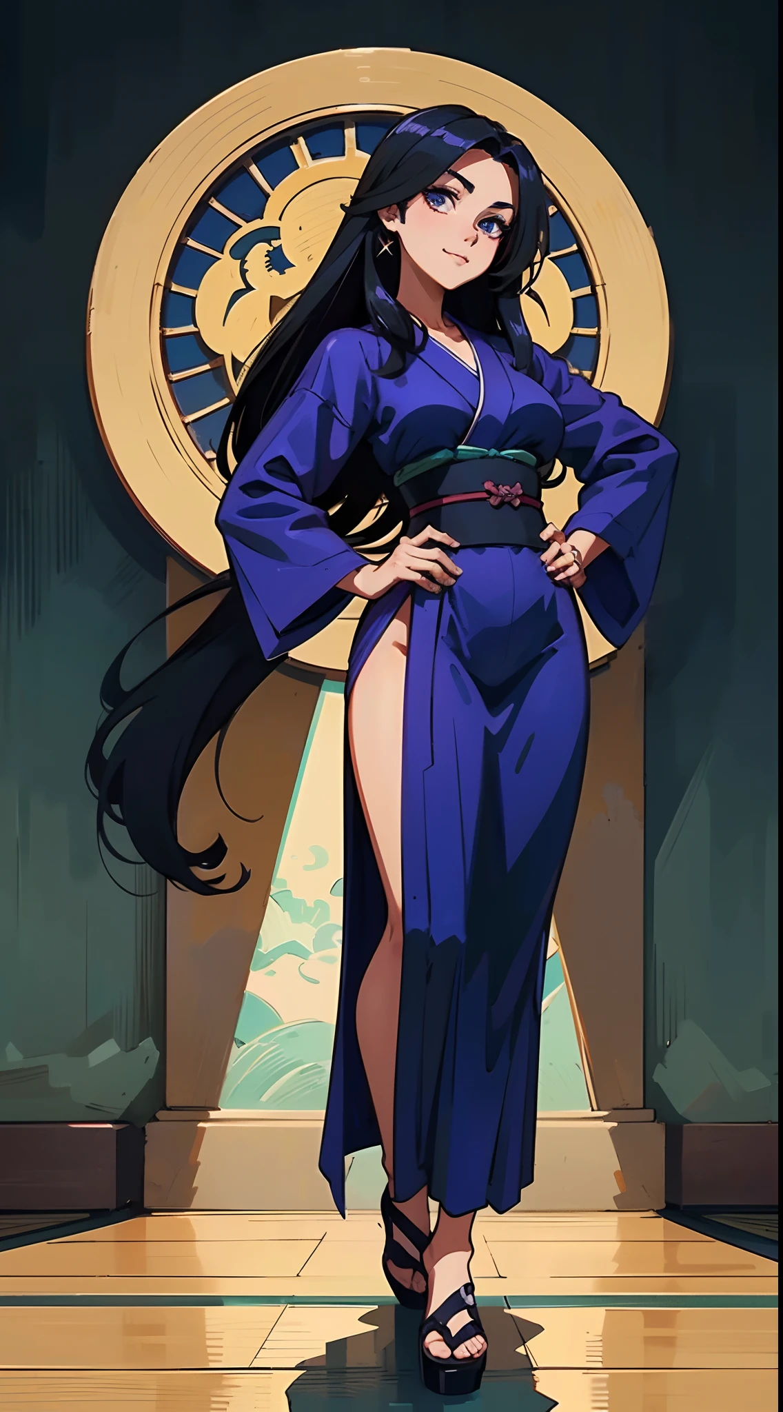a beautiful woman with sleek dark purple long hair, a delicate and enchanting face, her eyes are sharp and piercing, a cunning smile, she has a slender figure, a fantasy-style form-fitting ninja outfit, the character design reflects a fantasy-style ninja by Japanese anime design, the artwork features finely detailed character design, showcasing a mature Japanese manga artistic style, ((character concept art)), full body character drawing, high definition, best quality, ultra-detailed, extremely delicate, anatomically correct, symmetrical face, extremely detailed eyes and face, high quality eyes, creativity, RAW photo, UHD, 8k, (Natural light, professional lighting:1.2, cinematic lighting:1.5, best shadow), (masterpiece:1.5)