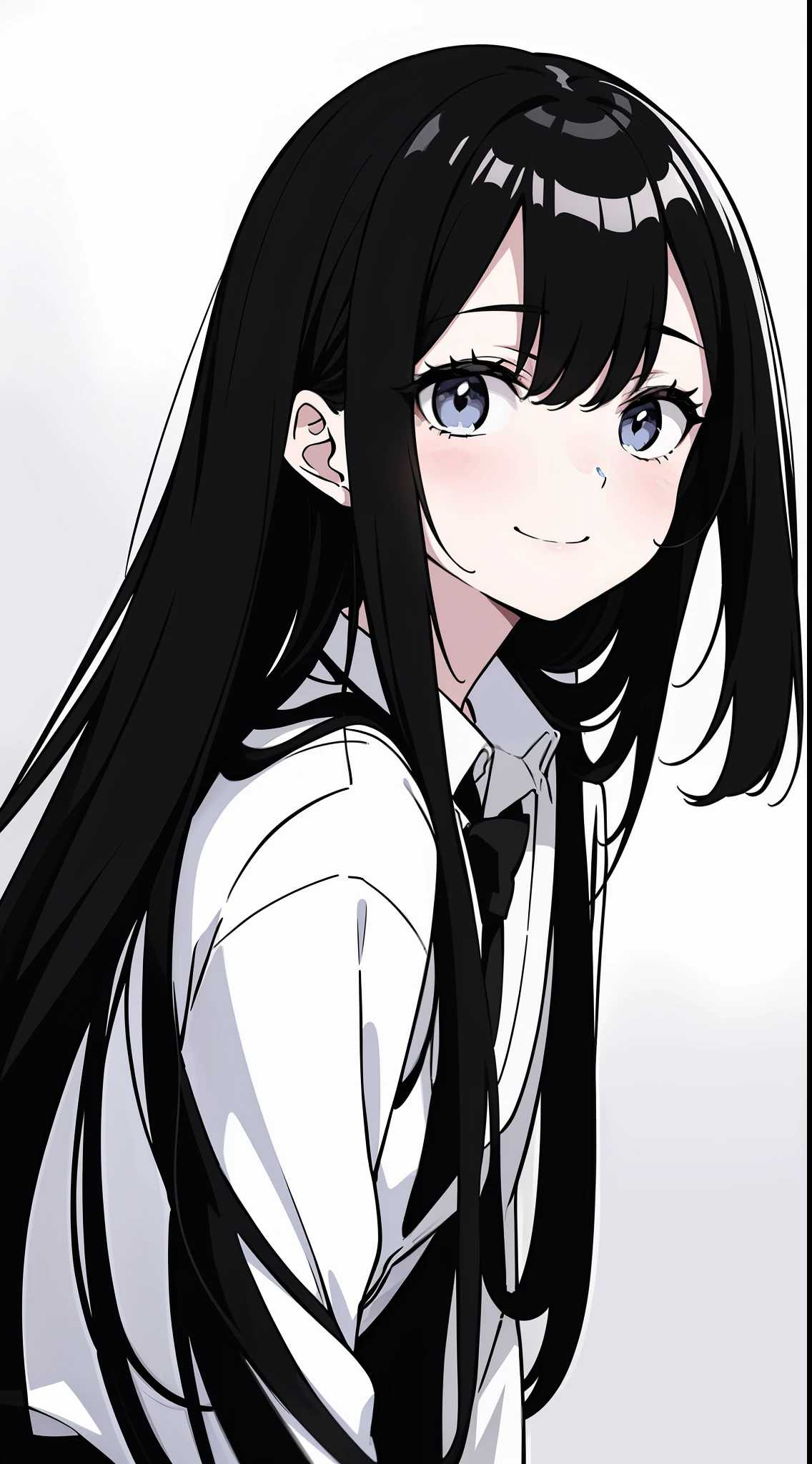 anime girl with long black hair and a white shirt and tie,((black and white portrait)),Black and white pictures,Smile,Minimalist style of pain