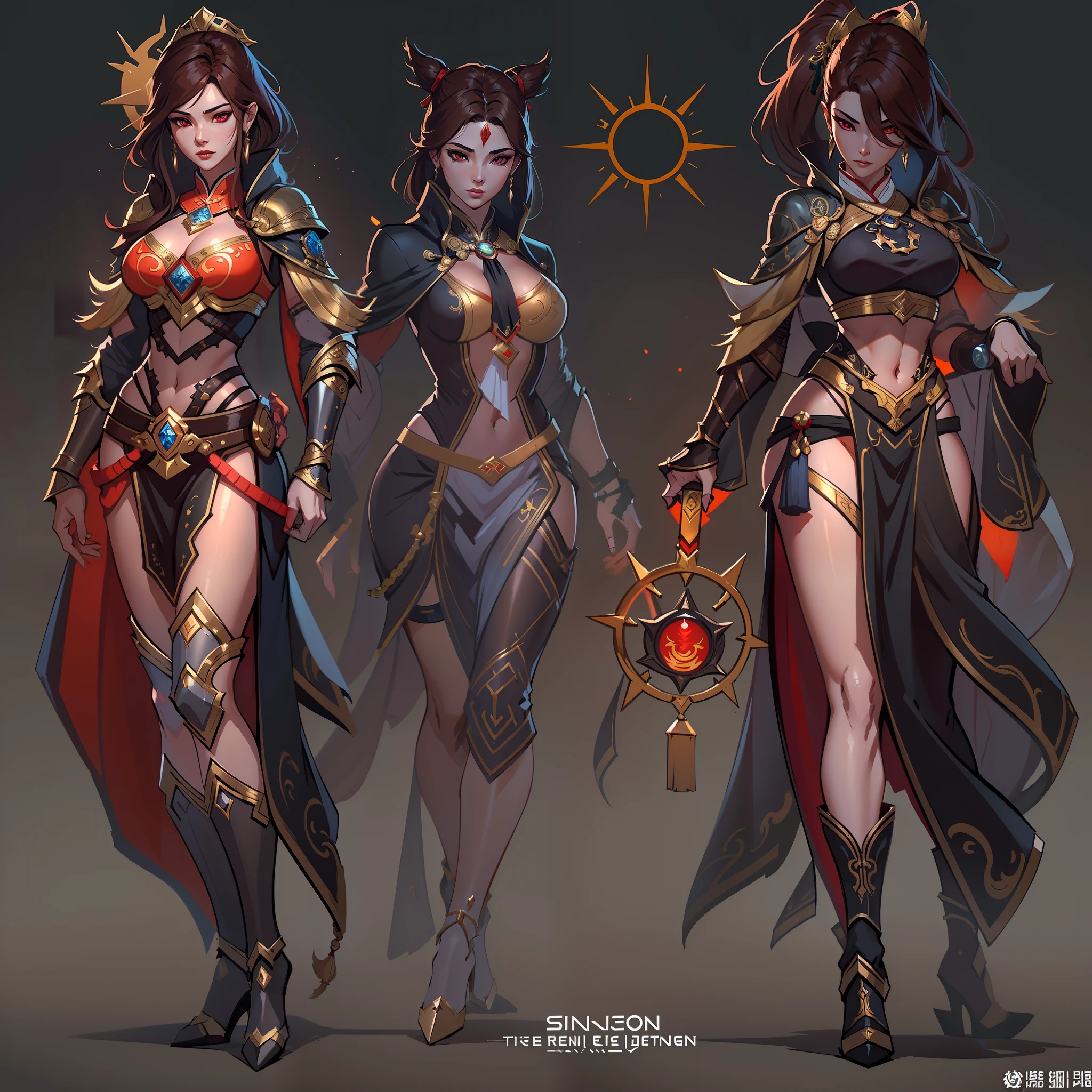 a close up of a strong amazon woman in her 30's, with red eyes and brown hair, wearing black and red lingerie, a heroine with red eyes, female mage with sun power, middle-eastern princess, standing in a middle-eastern temple, belly dancer, new costume concept design, in the style of blade and soul, full body character concept, detailed character design, inspired by Yang Jin, inspired by Li Mei-Shu, chinese costume, inspired by Lan Ying, inspired by Sim Sa-Jeong, inspired by Li Tang, lunar themed attire, costume with orange accents, inspired by Ju Lian, colored concept art, highly detailed character design, highly detailed face, inspired by Ai Xuan, very highly detailed face, unreal engine render, final fantasy 14 style, inspired by Leng Mei