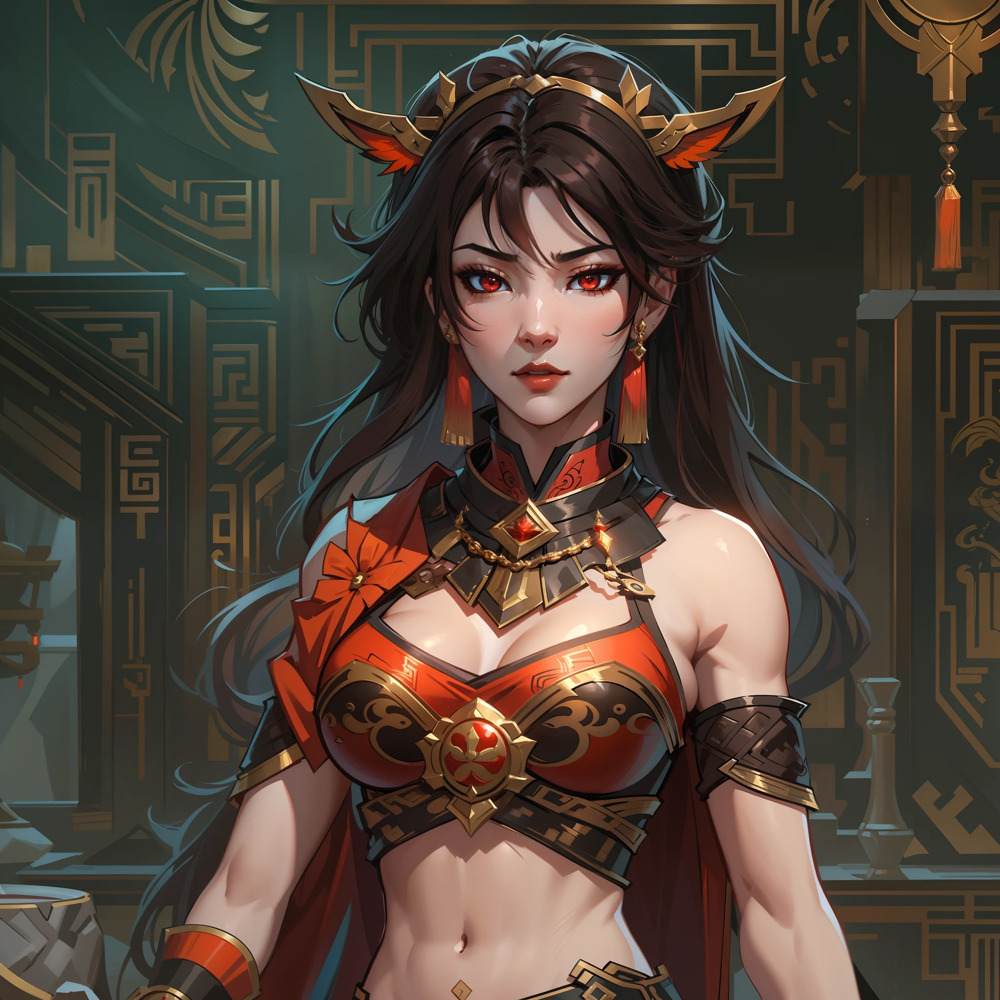 a close up of a strong amazon woman in her 30's, with red eyes and brown hair, wearing black and red lingerie, a heroine with red eyes, female mage with sun power, middle-eastern princess, standing in a middle-eastern temple, belly dancer, new costume concept design, in the style of blade and soul, full body character concept, detailed character design, inspired by Yang Jin, inspired by Li Mei-Shu, chinese costume, inspired by Lan Ying, inspired by Sim Sa-Jeong, inspired by Li Tang, lunar themed attire, costume with orange accents, inspired by Ju Lian, colored concept art, highly detailed character design, highly detailed face, inspired by Ai Xuan, very highly detailed face, unreal engine render, final fantasy 14 style, inspired by Leng Mei