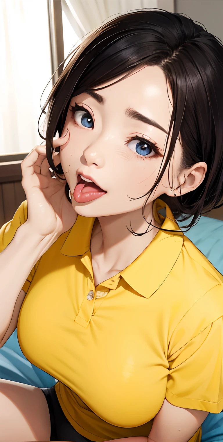 realisticlying、45-year-old girl、Wearing a yellow polo shirt,Face enhancement,Chest super large zoom,Cleavage emphasis,Looking up from the bottom,Blackening of hair,Blue eyes,darkens the skin,African、Blushing,Red lips,A sexy,Bed sit,stick out your tongue and open your mouth wide、Banzai、Wearing underwear,Wrinkles between the eyebrows,Sweaty face