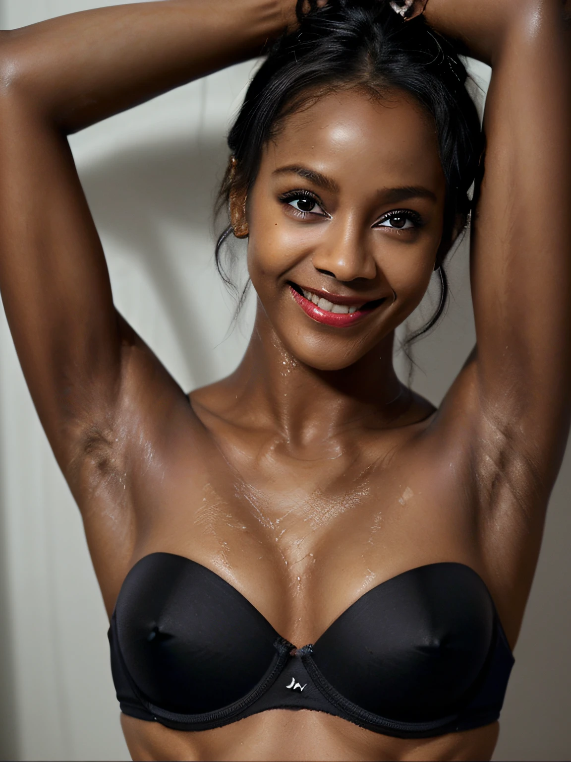((darkest skin、Armpit、Black glossy skin、Damp black skin、shiny blackest skin!、 Black armpits、Pitch black skin like a black man!Wet shiny armpits、Pitch black armpit skin!、-yeld mo、full of sweat、Skin shiny with sweat、Realistic armpit wrinkles、Glossy armpits、improve the appearance of armpits、Armpit、Pitch black armpits、Take a pose with armpits visible、Full body close-up、Detailed black shiny armpits、Realistic black shiny armpits、Sweaty and glowing body、Detailed armpit wrinkles、full of sweat、Black detailed black armpits、Very black skin color、Caucasian and half-very dark-skinned woman、Black skin beauty、Black skin、Glossy armpits、Wet and see-through bra、Stand in the woods and show your armpits、Flesh-colored strapless bra、Woman with dark skin, Smiling))、(high-ponytail Hairstyle、Caucasian and very black dark-skinned woman、8K、Caucasians with very dark skin)、Underwear models,, Flesh-colored strapless bra、Black panties、, 14years、Wen with the darkest skin))、Photorealistic perfect body、Armpit pose is standing normally、closeup picture, Best Quality, Armpits, Arms up, White bra、 at a forest、high-ponytail Hairstyle、Realistic, 8K、Glossy armpits、glowy skin