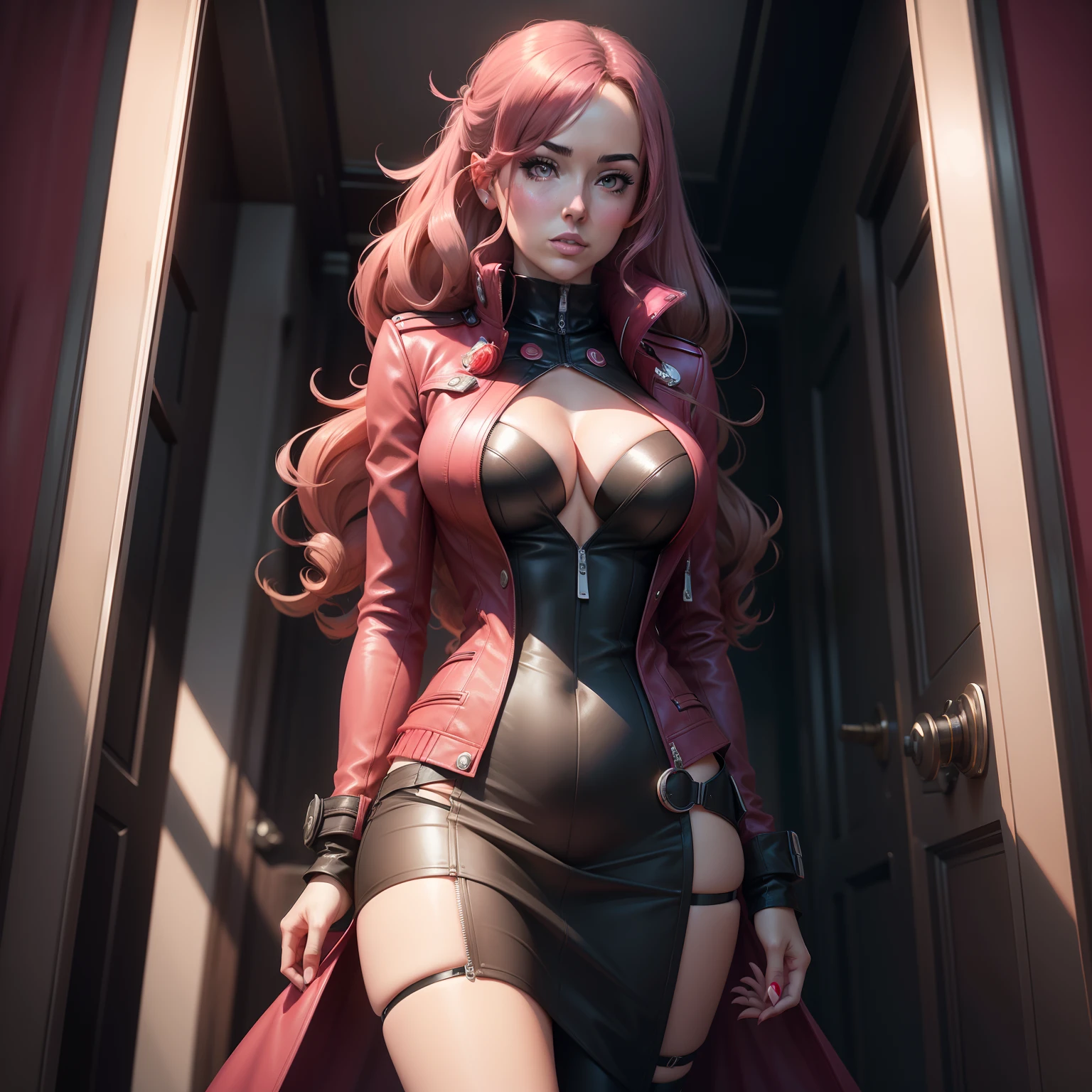 Detailed picture of Lindsey Strutt, in the style of Persona 5, art, fully clothed, solo, alone, phantom thieves, long pink coat, y, alluring, long curly hair, pink ribbon in hair