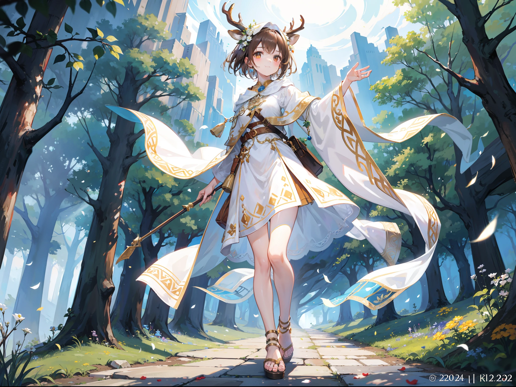 Beautiful girl with brown hair,Wear a white hooded tunic,Brown cape,Bare legged,Wear a circle of flowers and plants on your head,short detailed hair,Wear white hairpins,Standing among the sunny mountains and forests,With a bright and healing smile,Reach for the camera,Brown high-heeled sandals,Wear brown ankle rings on the ankles,Ruddy complexion,Deer antlers on the head,one eye wink