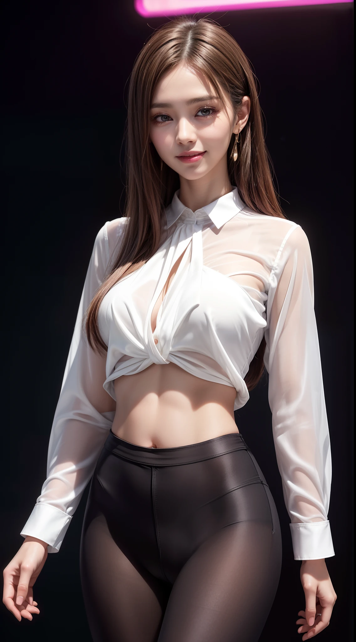 8k, masterpiece, RAW photo, best quality, photorealistic, extremely detailed CG unity 8k wallpaper, Depth of field, Cinematic Light, Lens Flare, Ray tracing, (extremely beautiful face, beautiful lips, beautiful eyes), intricate detail face, ((ultra detailed skin)) 1girl, in the dark, deep shadow, pretty korean girl, kpop idol, 1 girl, (very slim slender fit-muscled body:1.3), ((looking at viewer)),(big smile:1.3), (tight pink pants), (laced mini pants), (midnight, dark night, (neon sign), (blurred background), dim light), (without people in the background:1.3), beautiful earrings, bracelets, necklace, pantyhose, clear eyes, walking , front shot, (pale skin), (big eyes), face forward, (full body shot), ((silk shirt)), (brown hairs), open navel, (looking at viewer:1.3) very slim, medium breasts, medium butt, see through
