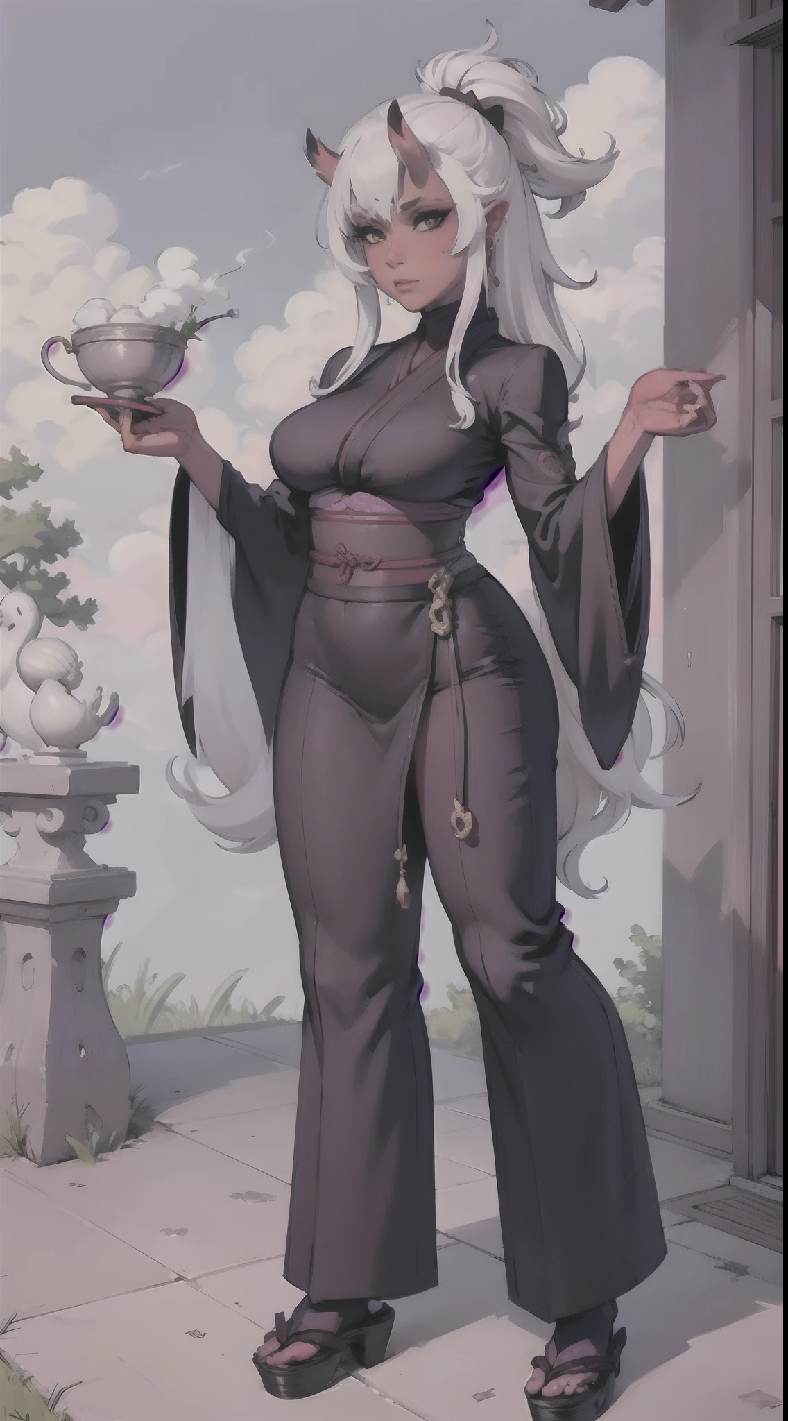 Masterpiece, highlydetailed, Hyperrealistic, HD, fullbodyshot facing a squatting beautiful red oni woman muscular warrior with long_white_hair, oni_horns, wearing a yellow_tiger_patern_oni outfit and falloff shoulders_kimono, curvy and thick body,
carrying on her shoulder a massive weapon AND smoking_pipe, wearing Japanese hight footwear , perfect face features, perfect body shape, body