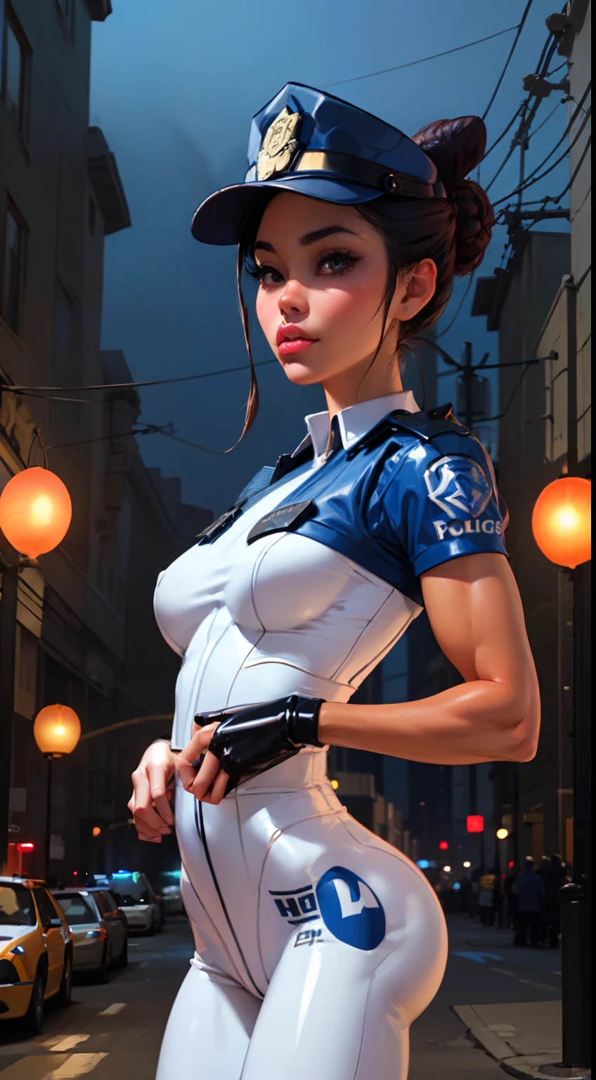 (Cowboy shot:1.5) 1 Same Girl , Perfect Beautiful , mature Face , ((korean woman)), Korean 18 Years Old , ((low hair bun:1.4)) , ((police officer outfit)), ((large police cap:1.7)),Athletic Body , ((small breasts:1.5)) Extreme Detailed Portrait With Bokeh Effect , Realistic Lighting ,(latex pants)Night Street View , Dark Vibe , (petite body:1.7) streets , Gothic Makeup , Posing Like a Model , Look at Viewer, ((puffy lips:1.3)), cool lighting, blue street lamp light((sunset ambiance light:0.8))