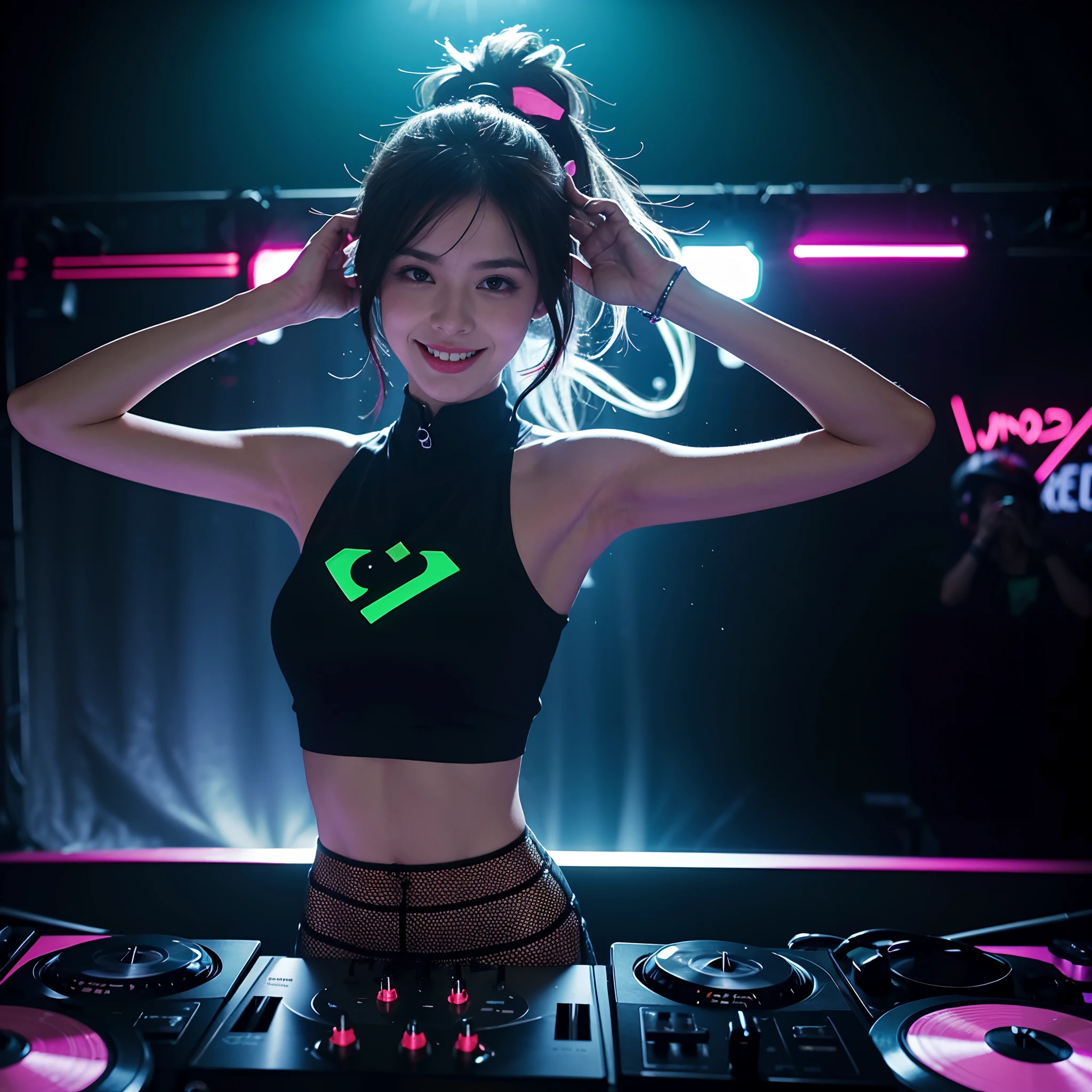 Female DJ, Energetic, self-assured, Party atmosphere, Turntable, Earphone, fashionable attire, Vibrant colors, Neon lights, smoke effect, Dancing crowd, Hands in the air, Stage, Mix music, Strong gaze, Enchanted smile, Bass drops, techno music, Club atmosphere, Laser light, Strobe light, stage light, Dynamic pose, Fist pumping, Skilled DJ skills