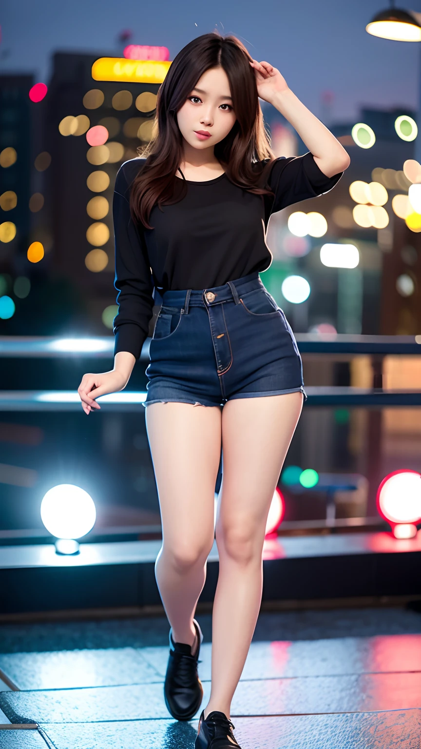 (8K, RAW photo, Best quality, Masterpiece:1.2), (Realistic, photo-realistic:1.37),(PureErosFace_V1:0.2), (Ulzzang-6500:0.6), Omertosa,1girll,(Kpop idol), (aegyo sal:1),Cute,Cityscape, Night, rain, Wet, Professional lighting, photon maping, Radio City, Physically-based rendering