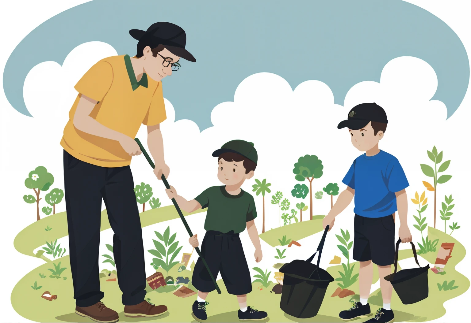 Illustration of a man and a boy picking up garbage, clean environment, ilustration, junk, ???, illustratio, Full of junk, Fine illustration, illustrative art, Cartoon illustration, rendering, good graphic, A illustration, Flat illustration, environment, author：Zahari Zograf, professional illustrations, conceptual art, author：Francis Help, hd illustration