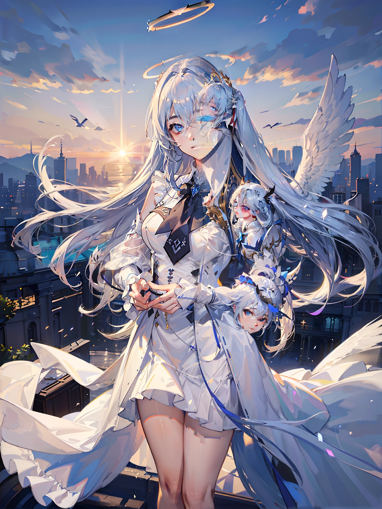 ((Correct limbs,Masterpiece,full bodyesbian,in a panoramic view,symetrical composition,epic,grand,large angel wings,large wings,Delicate faces,Long-haired, slender girl with angel wings smiled and looked ahead,The halo on the head,The body is suspended in the air,Tulle long dress,Surrounded by holy light,Backlight,Dove,Suspended palaces,blue-sky, Long flowing white hair,schoolgirls,angelicales,long skirt,being thin,beautiful blueish eyes,Thin clouds floating around,Extreme light and shadow)),High details,Best quality,8K,(Soft light),Cinematic light,Beautiful eyes,long white socks,cozily,clean and meticulous anime art,art trend,gentlesoftlighting,Extreme light and shadow
