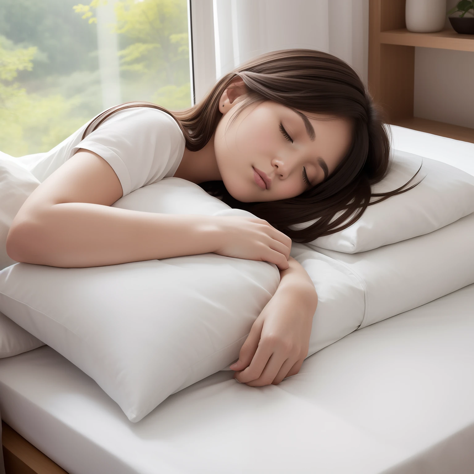 Young girl sleeps,white bed sheet, Large white pillow,Outside the window is the forest,very heavy rain,highest details, during daytime, siesta, A dark-haired, Hairstyle Bob, I have an iPad, Blissful sleeping face, Cute sleeping face,