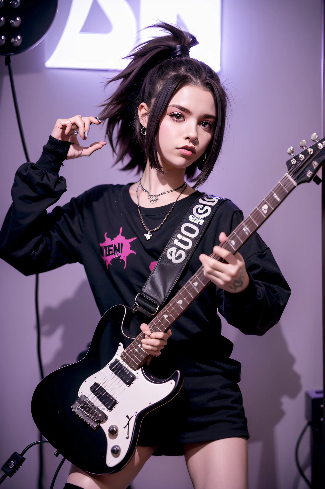 Menina de cabelo roxo em uma roupa preta e roxa com uma guitarra, rocking out, epic emo girl, menina do rock sonhadora, Garota Punk, punk-roqueiro, guitarrista, solo de guitarra, menina anime emo, roqueiro punk, E - Menina, e-menina, menina glitchpunk, playing the guitar, playing the guitar