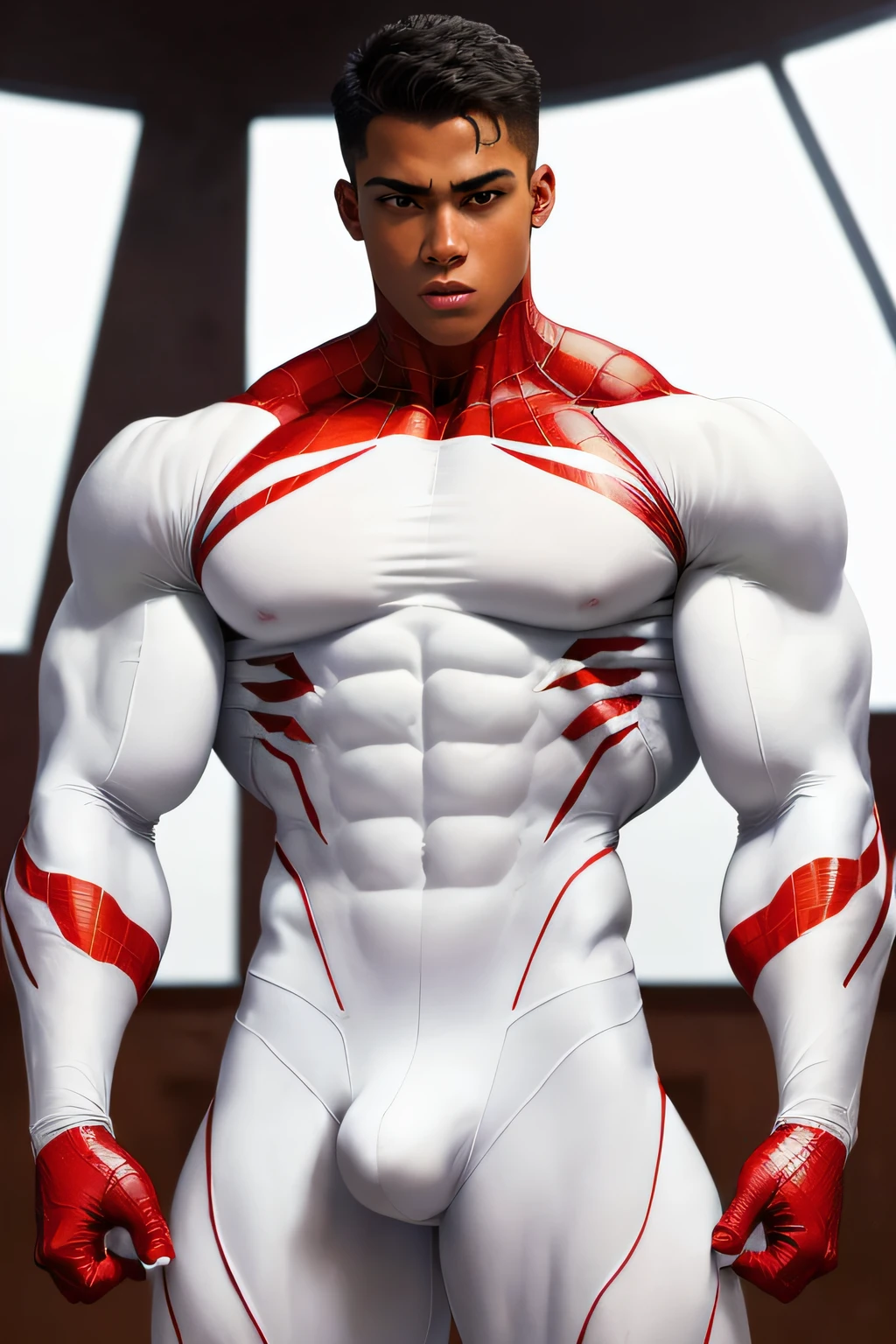 (Dark boy) Spider-man massive muscular bodybuilder with extraordinary biceps pectorals triceps traps, plump, Gigachad, White costume with red cobwebs ((Suit White and Red)) bulge in the crotch. A innocent face (Mexican ethnicity) tan skin. torso of torn suit, bare chest, ((SHIRTLESS)) troos of tel hanging from his torso.