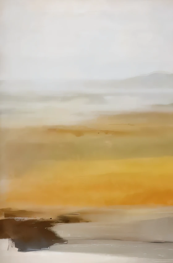 A painting of yellow and gray landscapes with the sky as a background, 144x144 canvas, horizon, abstract landscape, Shore, shoreline, Soft tar canvas painting, Sand fog, (Mist), afar, oil on the canvas, ( ( Misty atmosphere ) ), sienna, Soft coating, Complex oil paintings, Coast, Saatchi art