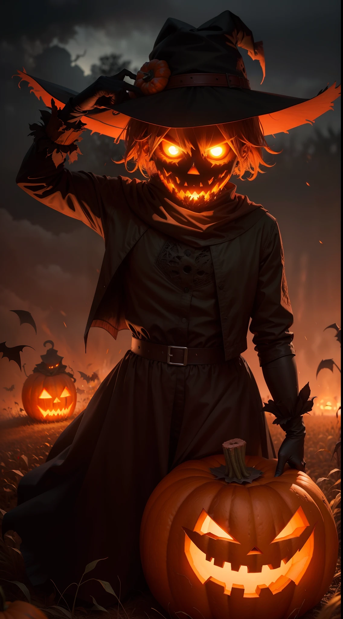 a demonic scarecrow with a pumpkin, jack o'lantern as the head, straw, night, fall weather, dark, creepy, cornfield, field on fire, rain, demonic, glowing red eyes, horror, scary, pumpkin head, bald