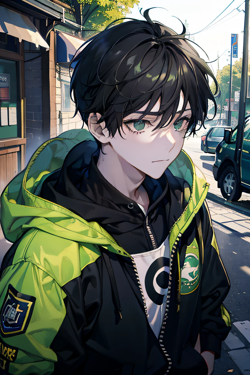 boy, 1boy, short, Bus stop, Green eyes, Black hair, Messy hair, bangs between eyes, Best quality, day, Masterpiece, Colorful, Black hoodie, Upper body, wearing headphone, view the viewer, A slight smil, cunning, Face focus, Dutch angle, 4k high definition