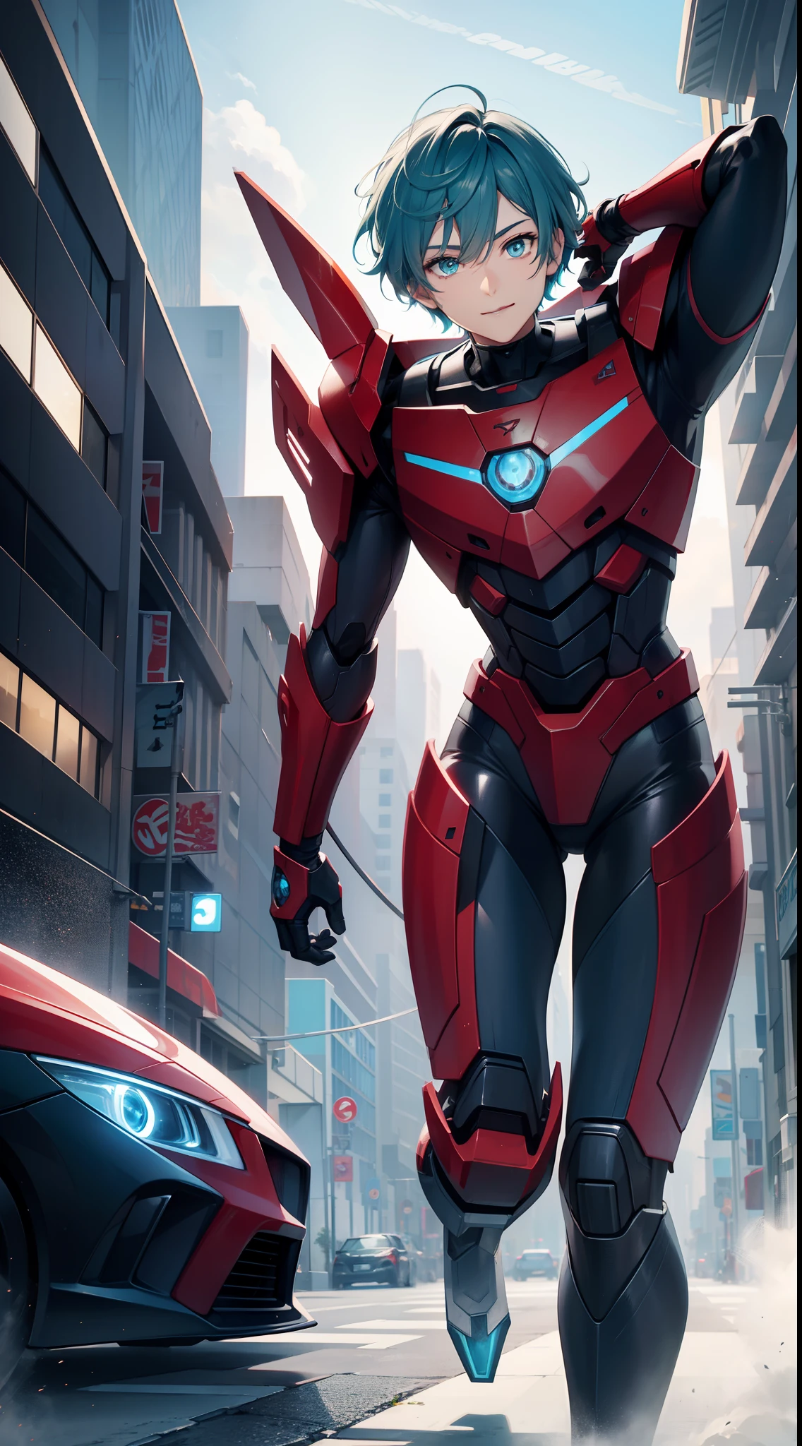 Young guy, short gray hair, Cyan eyes, Autobot's red armor, running, ssmile, Masterpiece, hiquality