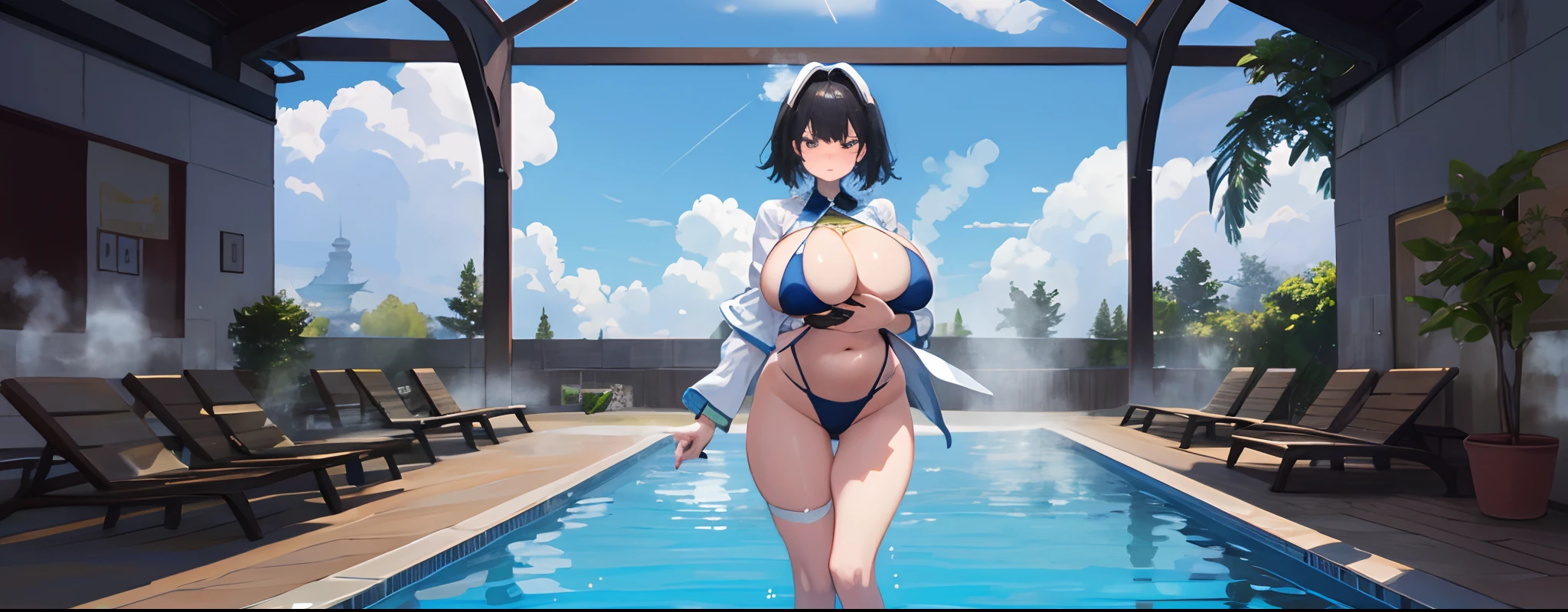 ​masterpiece, top-quality, high_resolution, fine detailed, highly detailed and beautiful, Distinct_image, (7　girl with), 独奏,  (huge-breasted), (tits out),swimming pools、((steam)),