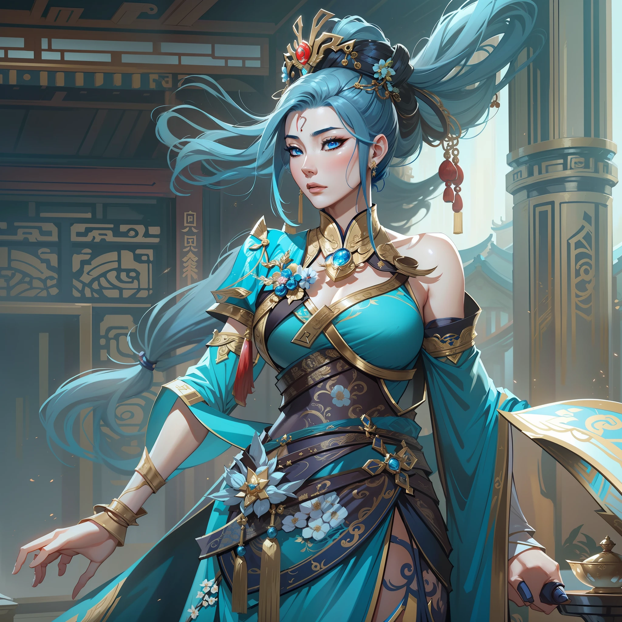 a close up of a short woman in her 30's, with blue eyes and ocean blue hair, wearing a blue and black gown dress, a chinese empress with blue eyes, female swordswoman, chinese princess, standing in a chinese temple, new costume concept design, in the style of blade and soul, full body character concept, detailed character design, inspired by Yang Jin, inspired by Li Mei-Shu, lunar themed attire, costume with gold accents, inspired by Ju Lian, colored concept art, highly detailed character design, highly detailed face, inspired by Ai Xuan, very highly detailed face, unreal engine render, final fantasy 14 style