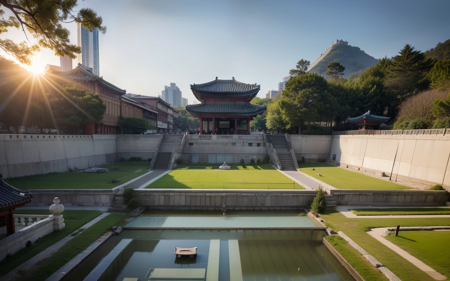 verism style,real photograph,(photore:2),blue-sky,Sunnyday,Plaza,Green hills in the rear,Ancient Korean architecture,Gyeongbokgung,Tall buildings,farm land,Rich layers,Highly meticulous,Rich in detail,Excellent quality
