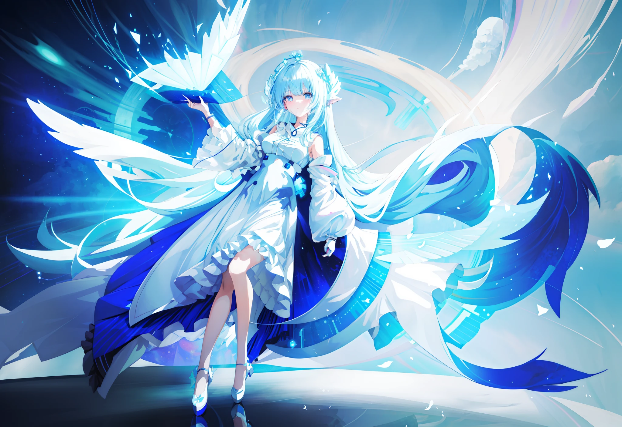 Anime girl with blue hair and white dress holding white object, full body adoptable, long haired humanoid fursona, rimuru tempest, White-haired god, sky witch, anime girl with cosmic hair, Anime monster girl, astral fairy, character adoptable, astral ethereal, Anime goddess, shirabii, furaffinity fursona, celestial aura，high-heels