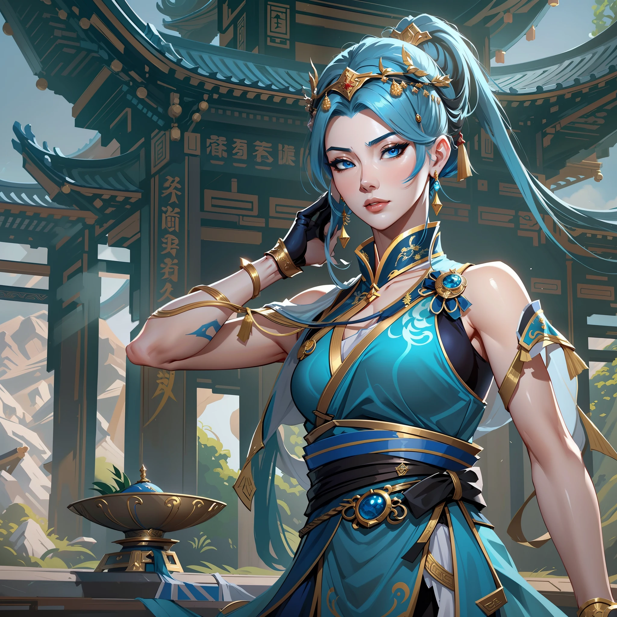 a close up of a short woman in her 30's, with blue eyes and ocean blue hair, wearing a blue and black gown dress, a chinese empress with blue eyes, female swordswoman, chinese princess, standing in a chinese temple, new costume concept design, in the style of blade and soul, full body character concept, detailed character design, inspired by Yang Jin, inspired by Li Mei-Shu, lunar themed attire, costume with gold accents, inspired by Ju Lian, colored concept art, highly detailed character design, highly detailed face, inspired by Ai Xuan, very highly detailed face, unreal engine render, final fantasy 14 style