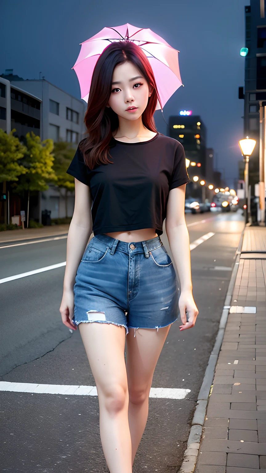 (8K, RAW photo, Best quality, Masterpiece:1.2), (Realistic, photo-realistic:1.37),(PureErosFace_V1:0.2), (Ulzzang-6500:0.6), Omertosa,1girll,(Kpop idol), (aegyo sal:1),Cute,Cityscape, Night, rain, Wet, Professional lighting, photon maping, Radio City, Physically-based rendering
