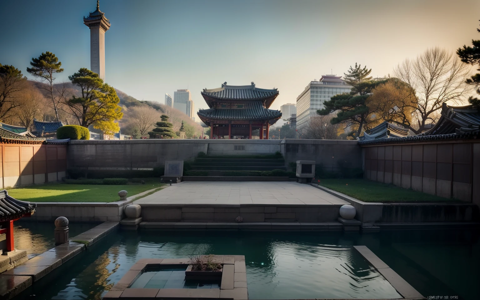 verism style，real photograph，（photore：2），Sunnyday，Plaza，Green hills in the rear，Ancient Korean architecture，Gyeongbokgung，Tall buildings，farm land，Rich layers，Highly meticulous，Rich in detail，Excellent quality