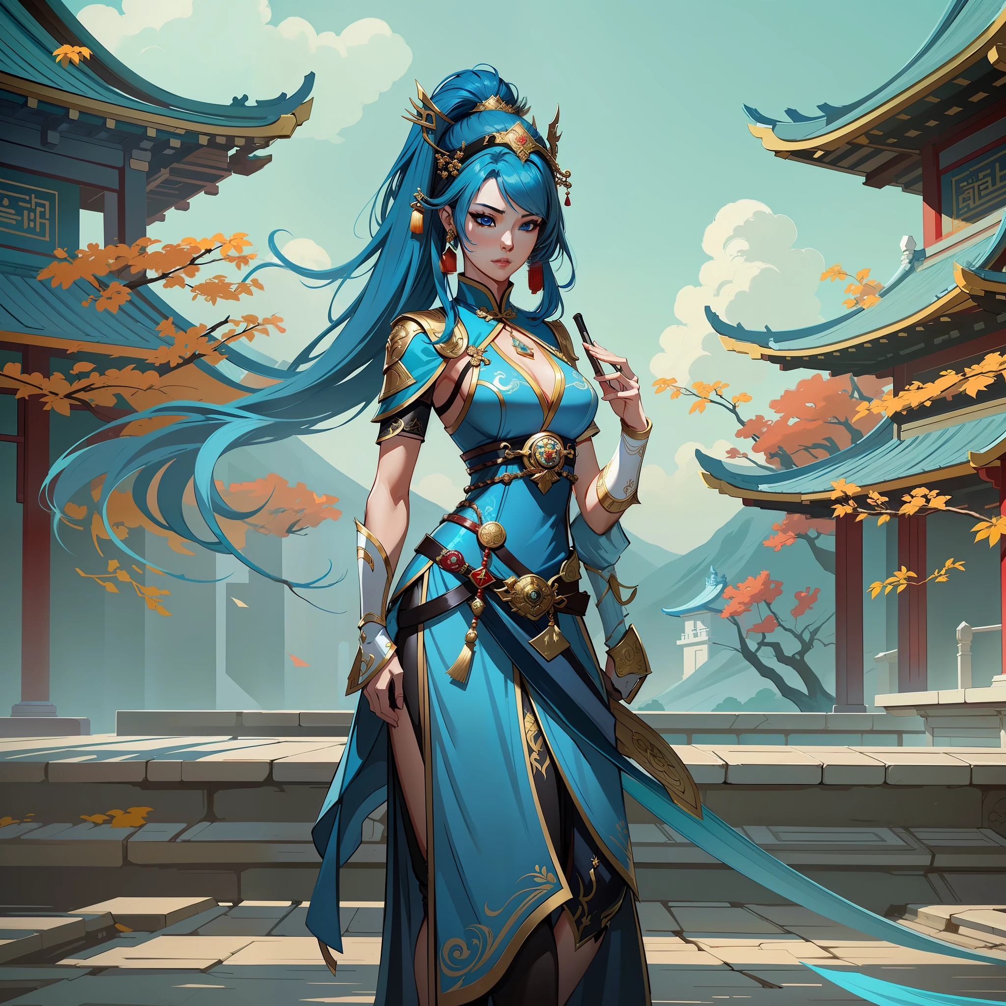 a close up of a short woman in her 30's, with blue eyes and ocean blue hair, wearing a blue and black gown dress, a chinese empress with blue eyes, female swordswoman, chinese princess, standing in a chinese temple, new costume concept design, in the style of blade and soul, full body character concept, detailed character design, inspired by Yang Jin, inspired by Li Mei-Shu, lunar themed attire, costume with gold accents, inspired by Ju Lian, colored concept art, highly detailed character design, highly detailed face, inspired by Ai Xuan, very highly detailed face, unreal engine render, final fantasy 14 style