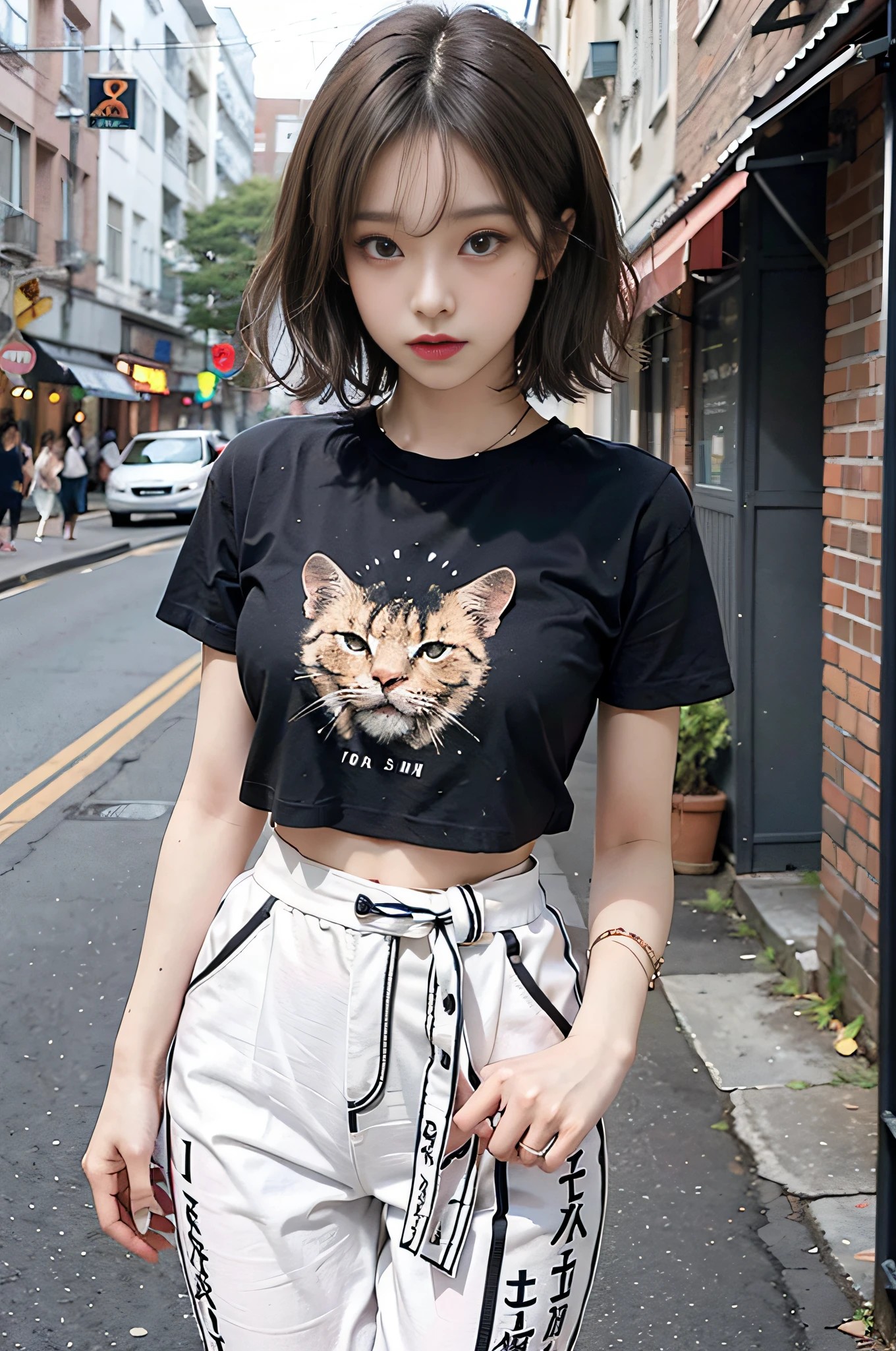 Top image quality、Raw photography、超A high resolution、Cute girl at 18 years old、Shooting for one person only、round breast、tshirts、short trousers of black color、Beautiful Eyes of Details、very elongated eyes、Beautiful eyelashes、Beautiful double eyelids、white walls、Beautiful waist、very slender legs、Shorthair with light brown hair、very slender physique