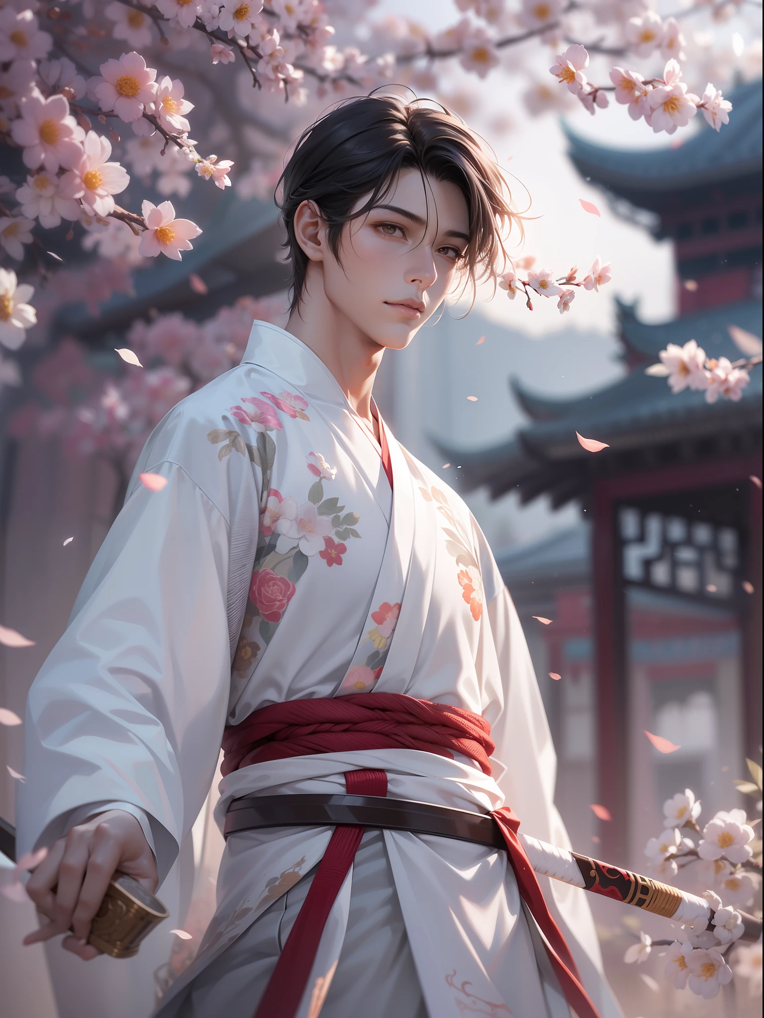 (a ager male swings chinese sword),(handsome male), (white hanfu), wind surround, colorful flowers surround, reality, clear face, clear and bright eyes, high detail, cinematic lighting, motion blur, ray tracing, reflection light, (close-up), masterpiece, best quality, high quality, anatomically correct, textured skin, high details, super detail, 1080P, UHD, HD