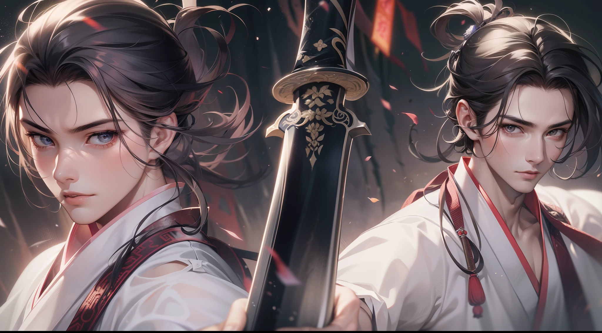 (a teenager male swings a Chinese sword),(handsome male), (hanfu), ink water surrounded ,wind surrounded, reality, clear face, clear and bright eyes, high detail, cinematic lighting, motion blur, ray tracing, reflection light, (close-up), masterpiece, best quality, high quality, anatomically correct, textured skin, high details, super detail, 1080P, UHD, HD