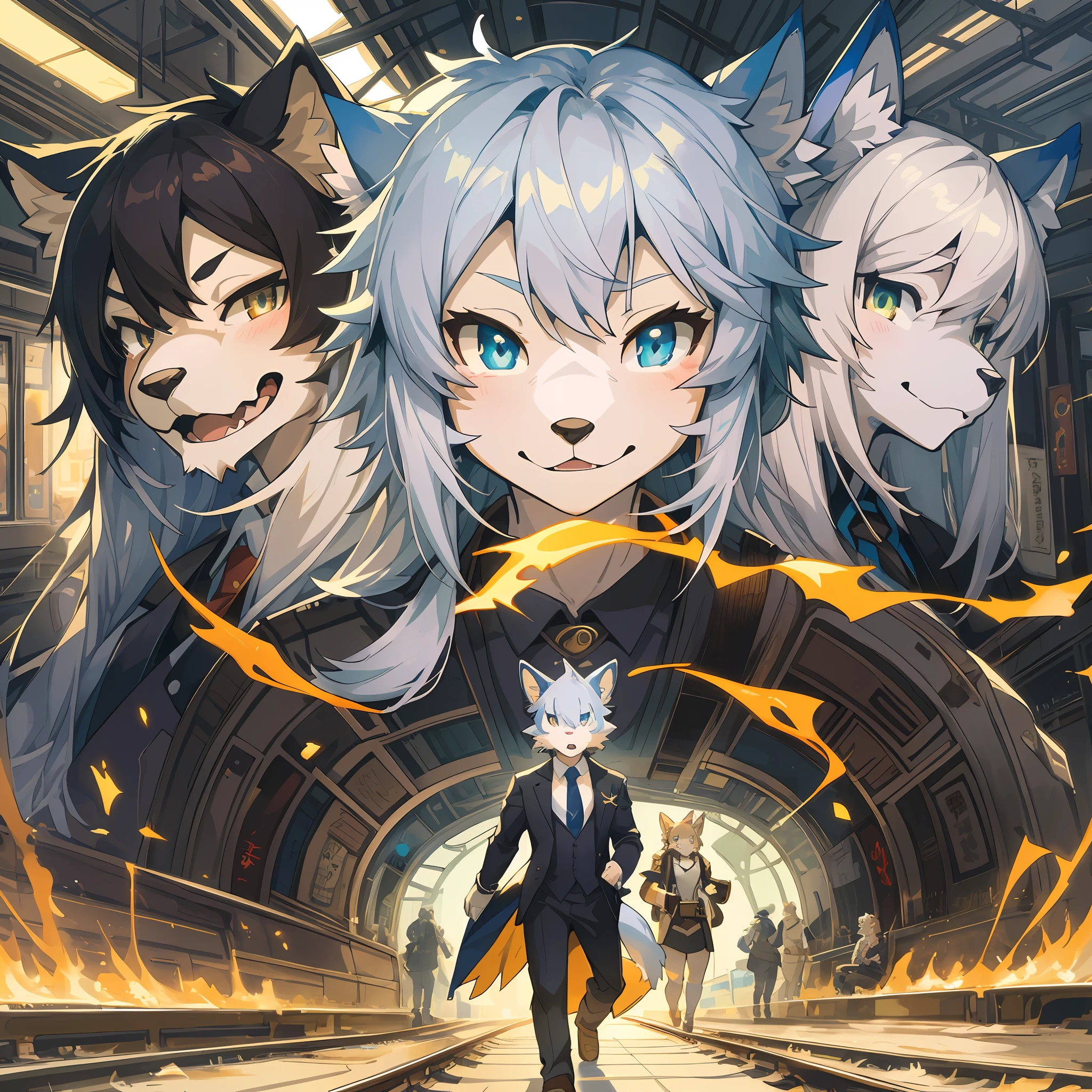 top quality, best quality, High-quality illustrations, masterpiece, super high resolution, detailed background, station, train, salary, suits, hero, moning, 6+boys, 6+girls, absurdres(highly detailed beautiful face and eyes)perfect anatomy, expression, good lighting, cinematic shadow(kemono, furry anthro)assorted poses, dynamic angle,