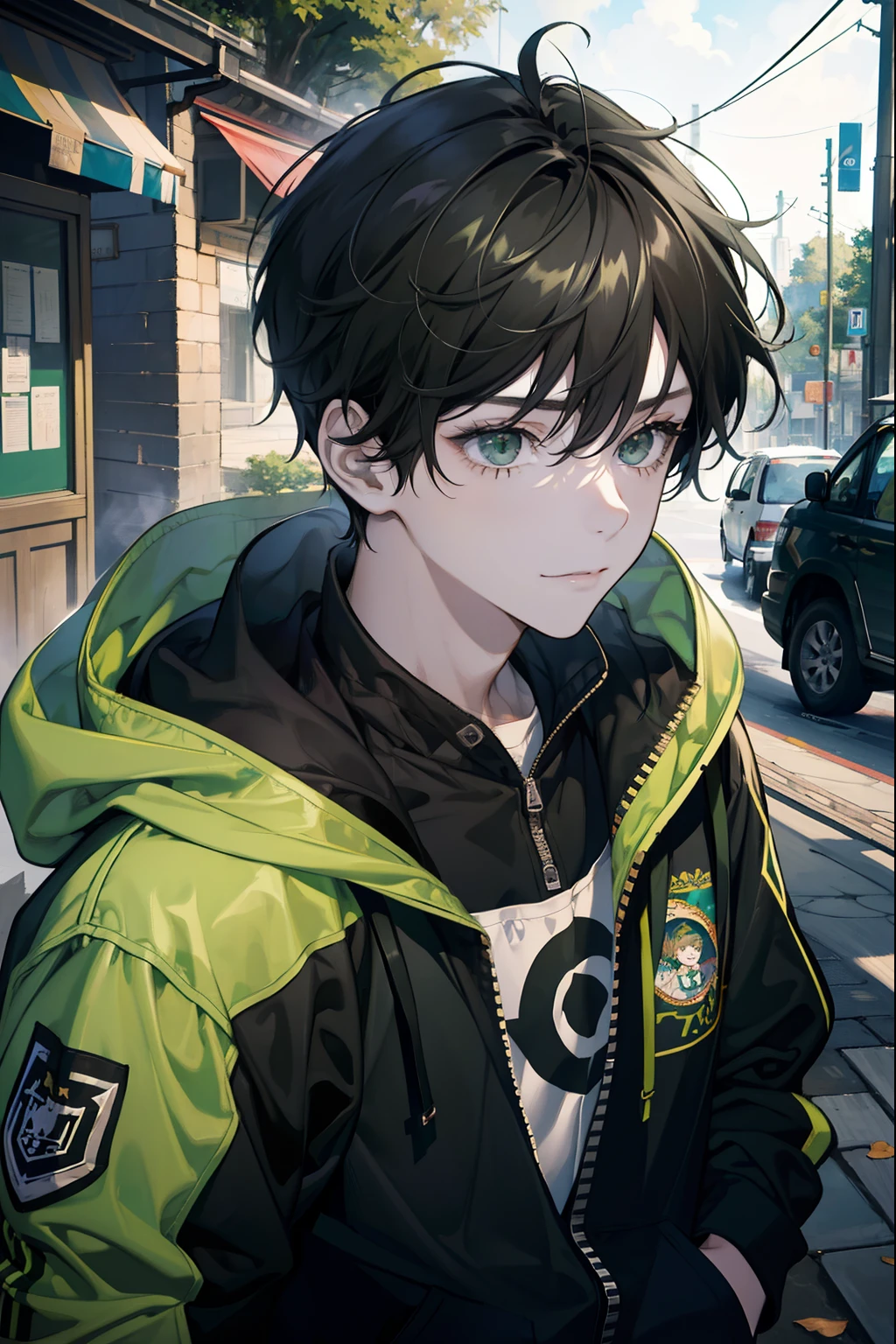 Young boy, 1boy, short, Bus stop, Green eyes, Black hair, Messy hair, bangs between eyes, Best quality, day, Masterpiece, Colorful, Black hoodie, Upper body, wearing headphone, view the viewer, A slight smil, cunning, Face focus, Dutch angle, 8k hdr