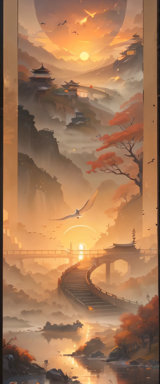Painting a bridge over the river,Birds fly over it, Detailed painting 4 K, 8K high quality detailed art, Beautiful art UHD 4 K, 8K stunning artwork, ross tran. scenery background, 4 k highly detailed art, landscape artwork, G Liulian art style, 4k detailed art, Inspired by Torii Kiyomasu