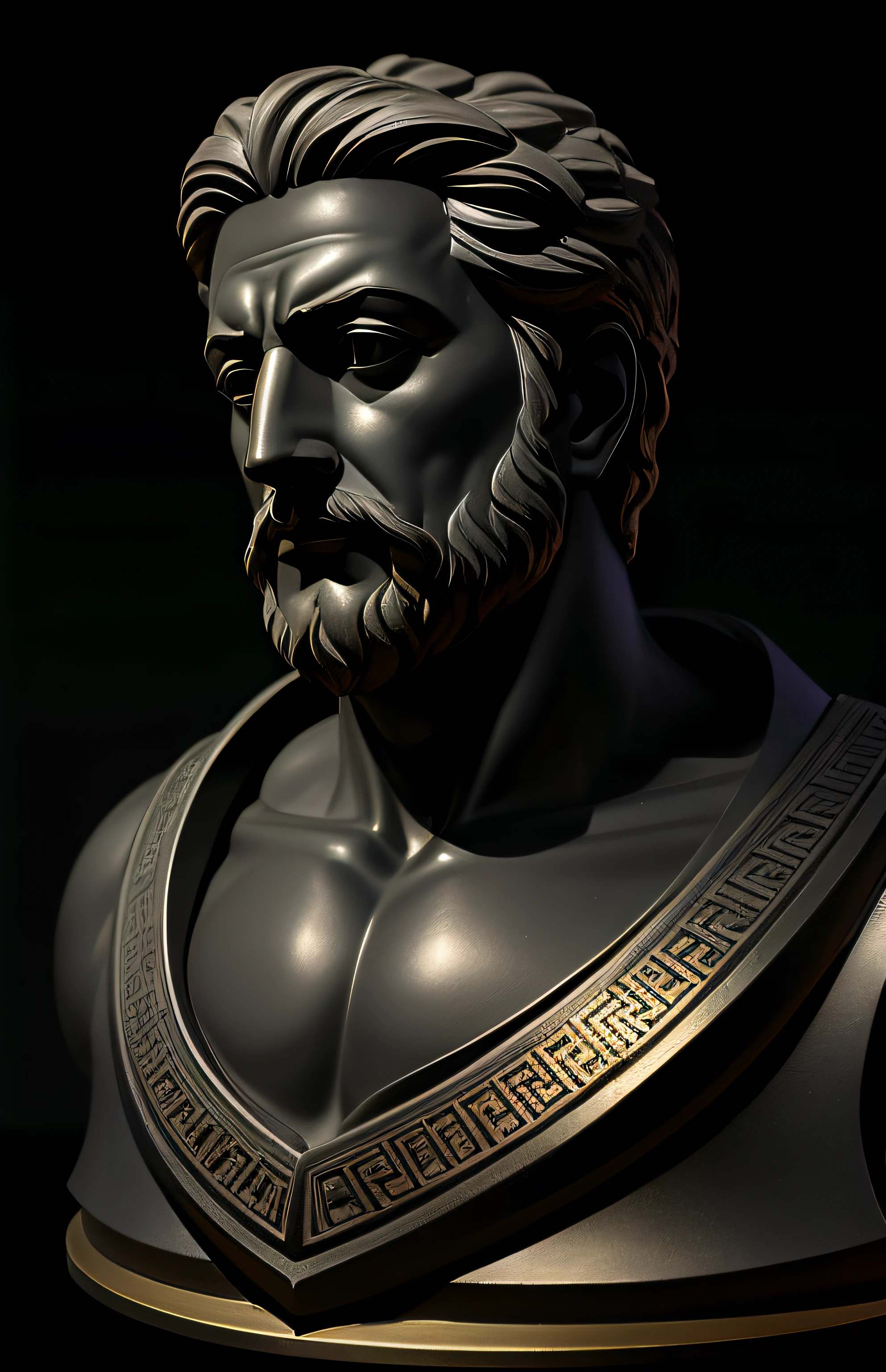 Stock stoic people,This is the historical position of Greece,Muscular 8K movie profile with Hercules style and dark background,Gold texture,Twinkle gold,Movie light source