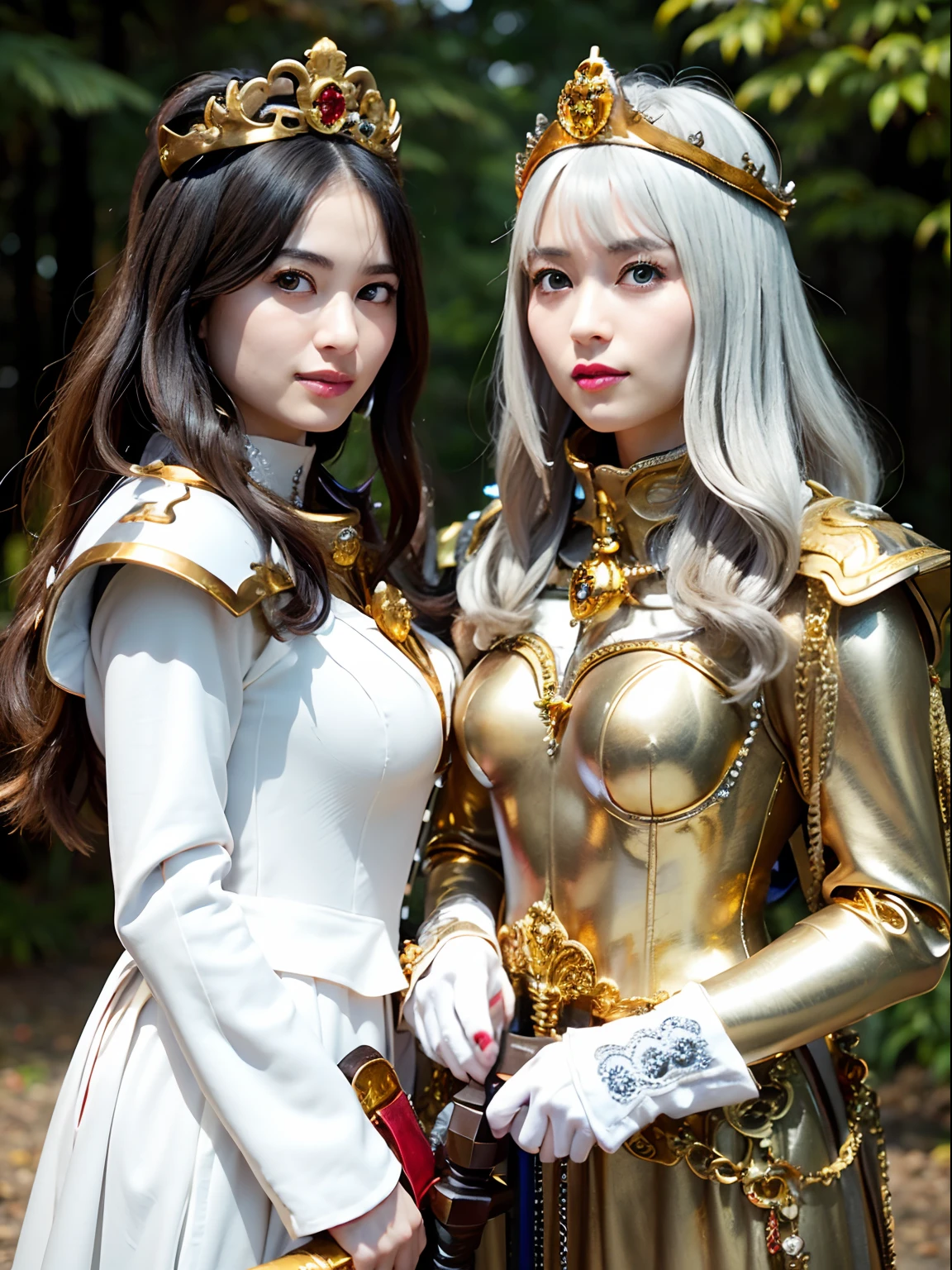 (masutepiece), Professional , ​masterpiece、top-quality、photos realistic , depth of fields （Gemstone Silver Metal Body:1.９),(Matte White、Jewel Gold Weapon（Jewel Metal Body:1.４),Gorgeous metal weapons , Detailed Sword of the Brave , Beautiful knife   ,warhammer 40k , adepta sororitas,Detail and ornate jewel crown、Black hair、Gangle's forest background、Beautiful Caucasian beauty、１a person、dynamic ungle,(((Detailed and ornate diamond crown)))、Smaller head、A smile、Take a sexy pose、Background inside the castle、Thin and beautiful female hands、Soldiers in iron armor、Soldiers in iron armor、