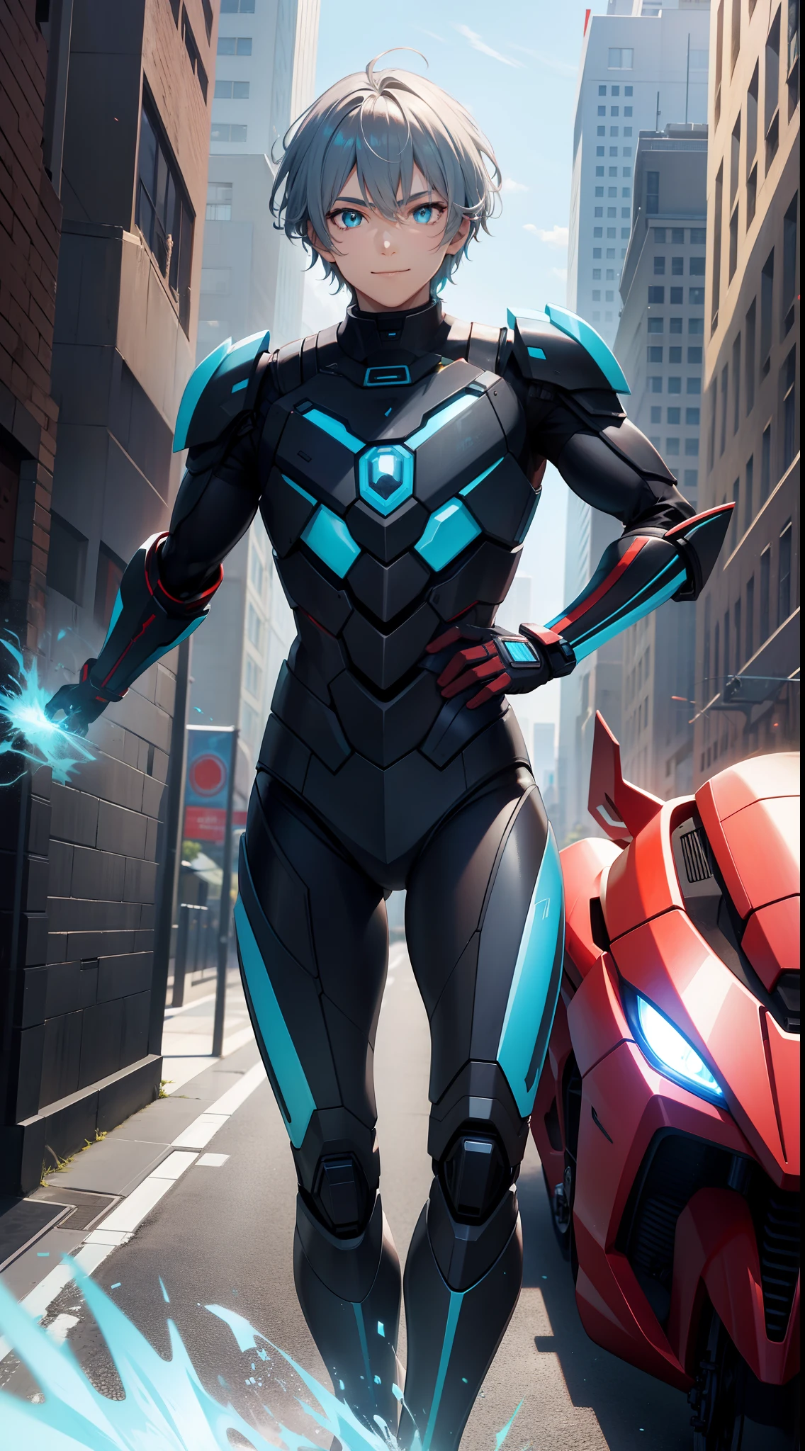Young guy, short gray hair, Cyan eyes, Autobot's red armor, running, ssmile, Masterpiece, hiquality