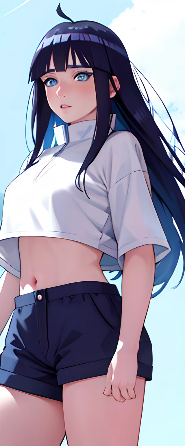 Standing, hinata hyuga, hinata hyuga from naruto, sakura petals around her, her expression is solemn, blunt bangs, ((blue eyes)), looking down, crop top, coloured images, long hair, y2k style, ((long pants)), detailed character, detailed face, detailed lips, detailed eyes