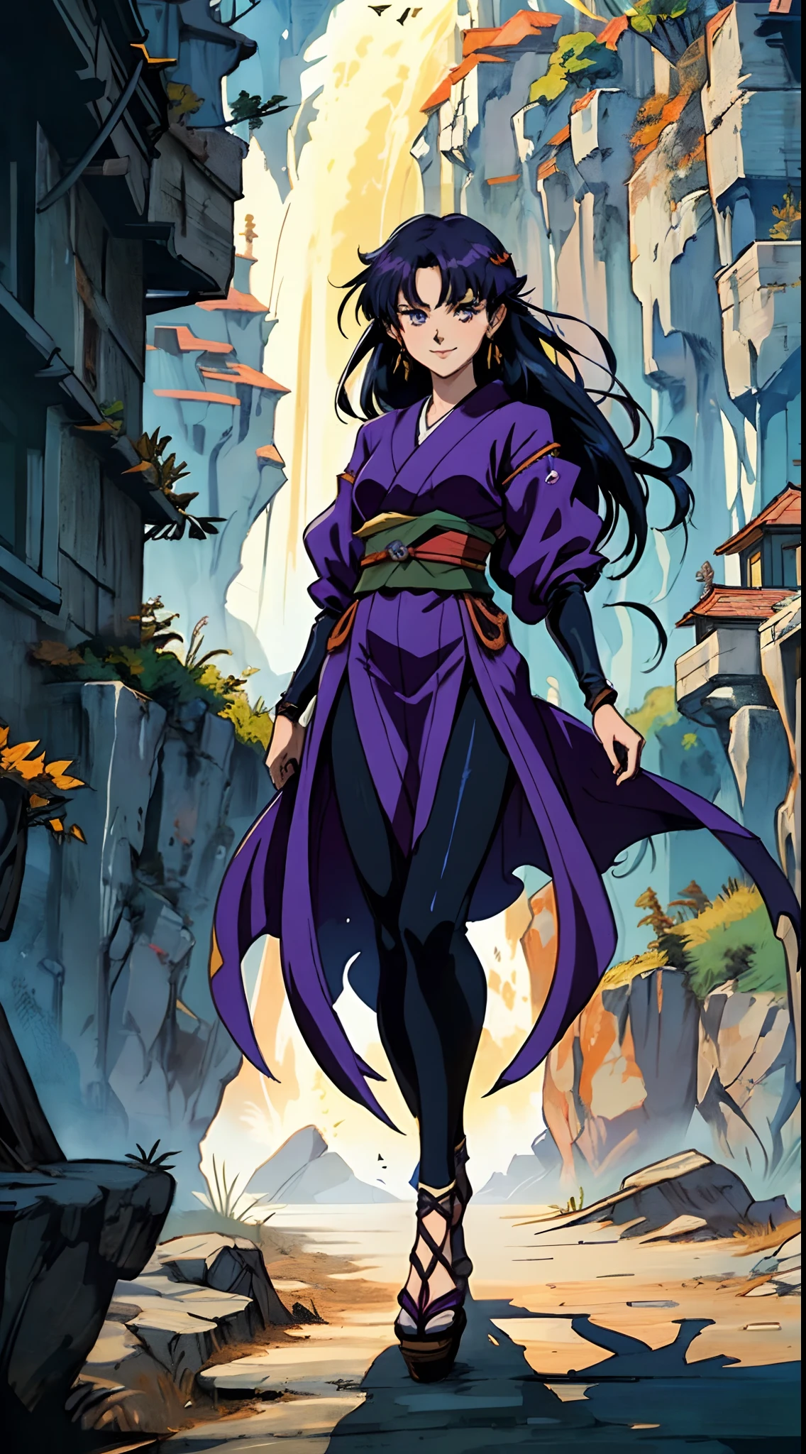 a beautiful woman with sleek dark purple long hair, a delicate and enchanting face, her eyes are sharp and piercing, a cunning smile, she has a slender figure, a fantasy-style form-fitting ninja outfit, the character design reflects a fantasy-style ninja by Japanese anime design, the artwork features finely detailed character design, showcasing a mature Japanese manga artistic style, ((character concept art)), full body character drawing, high definition, best quality, ultra-detailed, extremely delicate, anatomically correct, symmetrical face, extremely detailed eyes and face, high quality eyes, creativity, RAW photo, UHD, 8k, (Natural light, professional lighting:1.2, cinematic lighting:1.5, best shadow), (masterpiece:1.5)