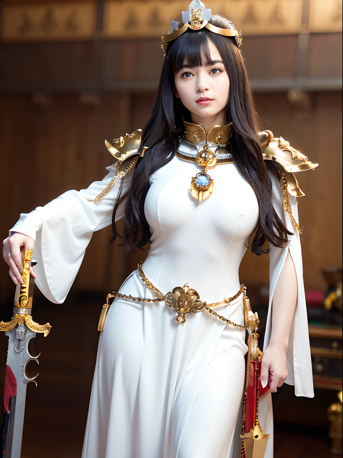 (masutepiece), Professional , masterpiece、top-quality、photos realistic , depth of fields (Gemstone Silver Metal Body:1.9),(Matte White、Jewel Gold Weapon(Jewel Metal Body:1.4),Gorgeous metal weapons , Detailed Sword of the Brave , Beautiful knife ,warhammer 40k , adepta sororitas,Detail and ornate jewel crown、Black hair、Gangle's forest background、Beautiful Caucasian beauty、1a person、dynamic ungle,(((Detailed and ornate diamond crown)))、Smaller head、A smile、Take a sexy pose、Background inside the castle、Thin and beautiful female hands、cleavage of the breast、Soldier in iron armor on background、Soldier in iron armor on background、