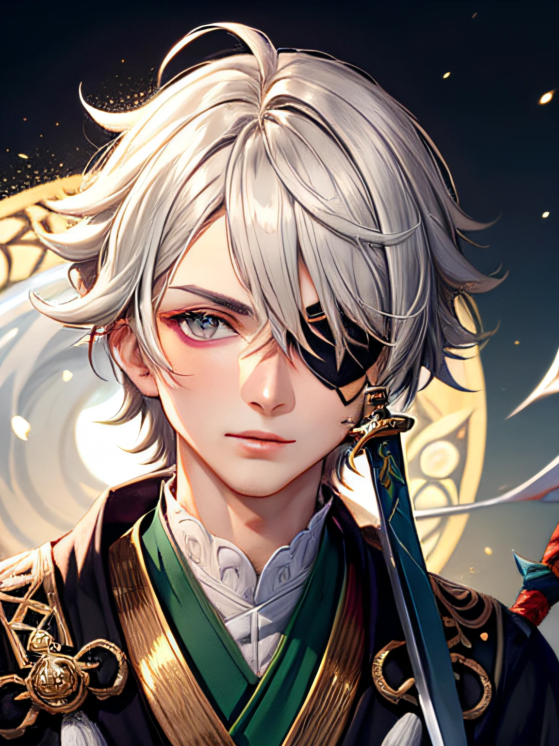 a close up of a gray short hair person in a white and rangoon green swordman costume, black eye patch on his right eye, genshin impact style, genshin, professor clothes, ((wearing aristocrat robe)), t-pose of male magic wizard, lunar themed attire, portrait, closeup, full head